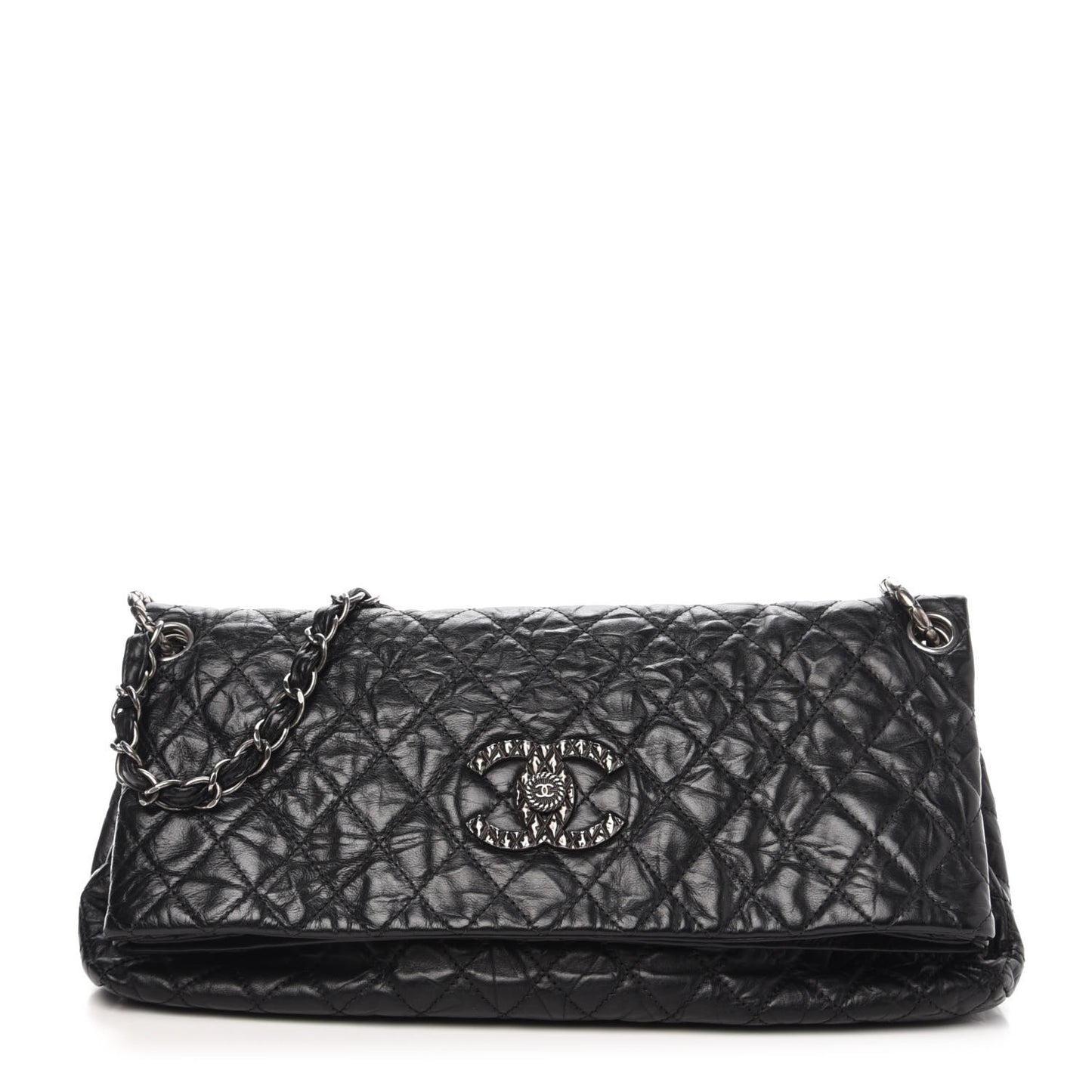 Aged Calfskin Quilted Coco Rider Fold Over Flap Black