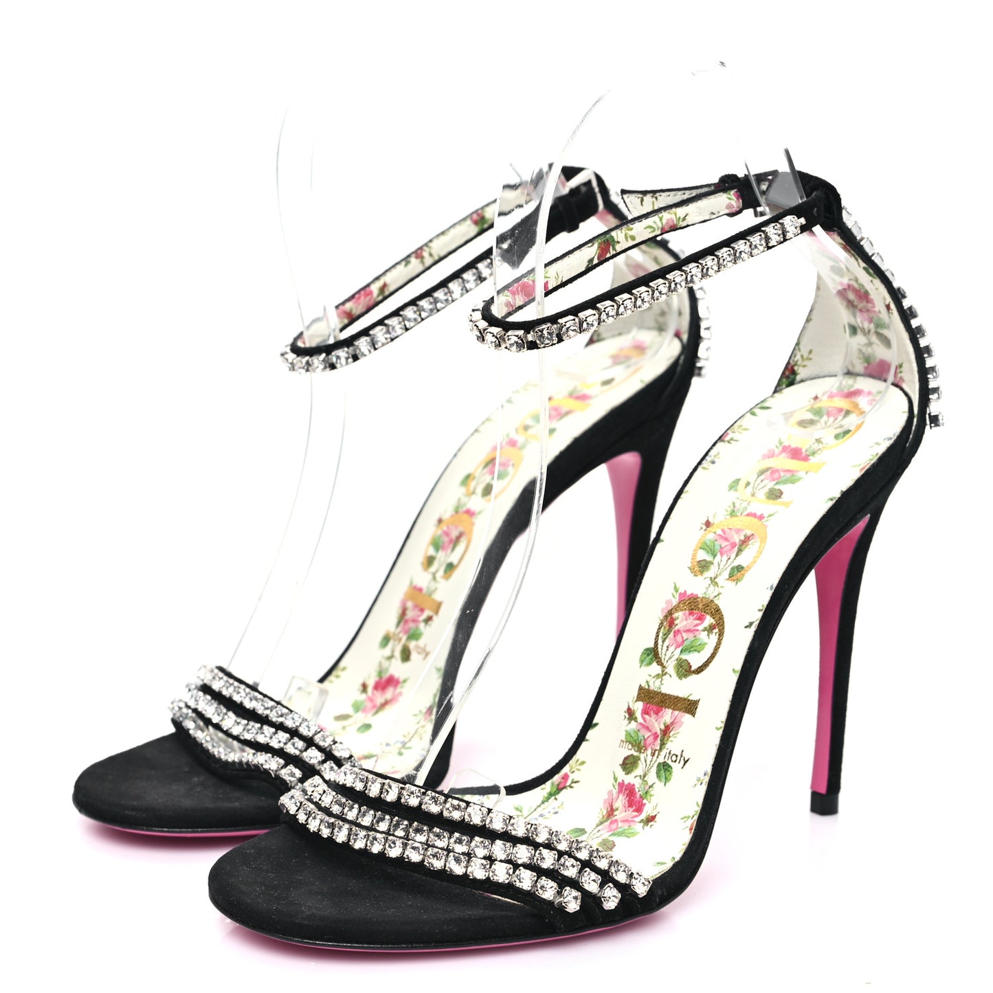 Kid Scamosciato Crystal Ankle Strap High Heel Sandals 36.5 Black