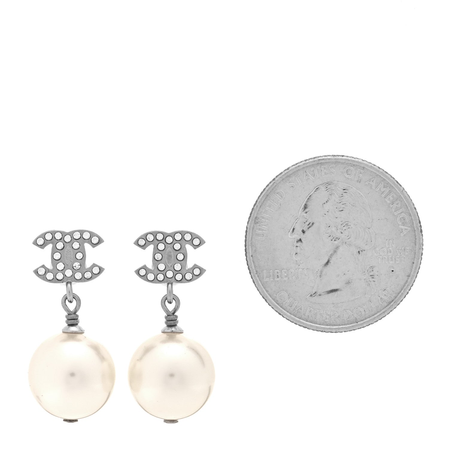 Chanel Crystal Pearl CC Drop Earrings Silver Pearly White 2 of 4