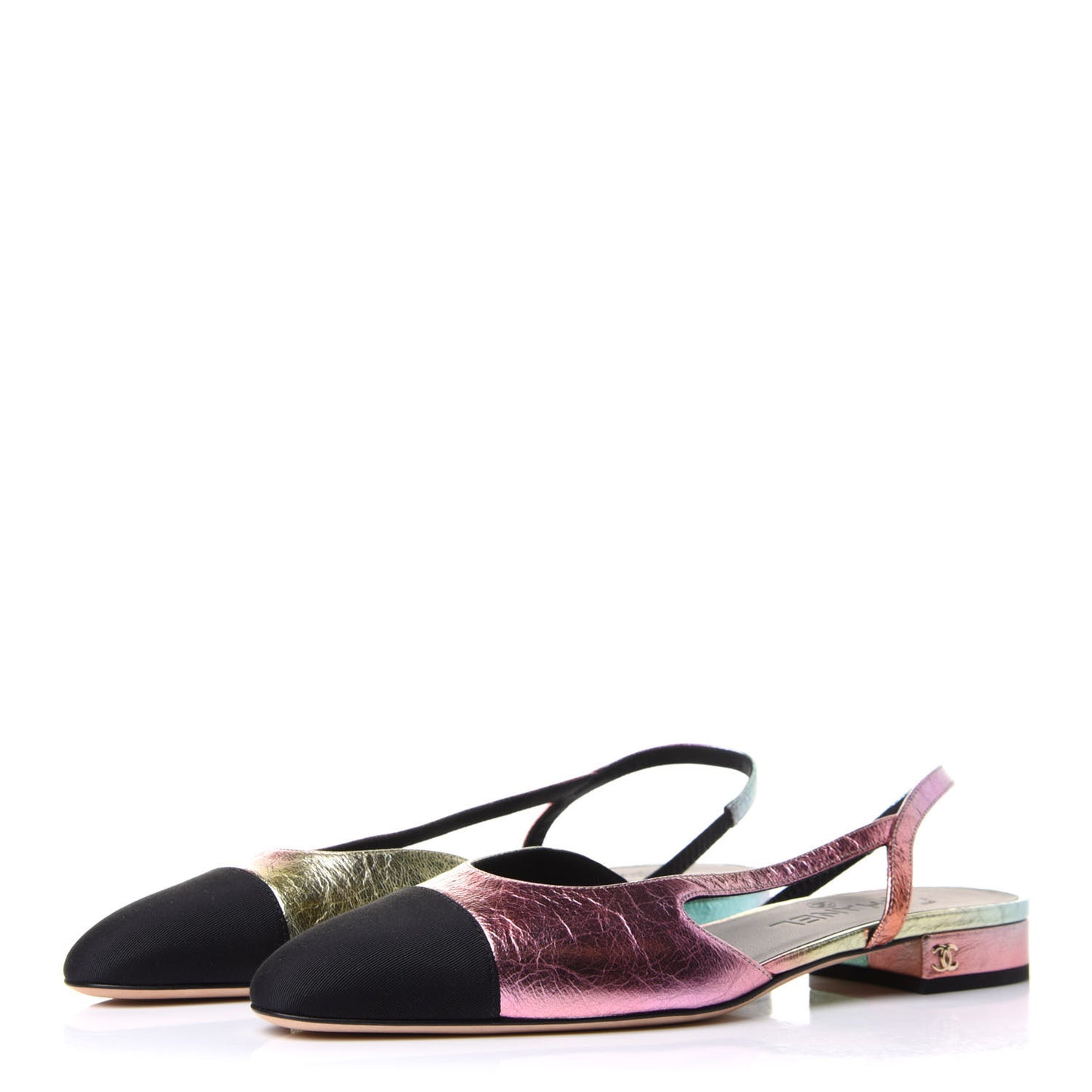 Laminated Calfskin Grosgrain Cap Toe CC Slingback Flats 39 Multicolor Black