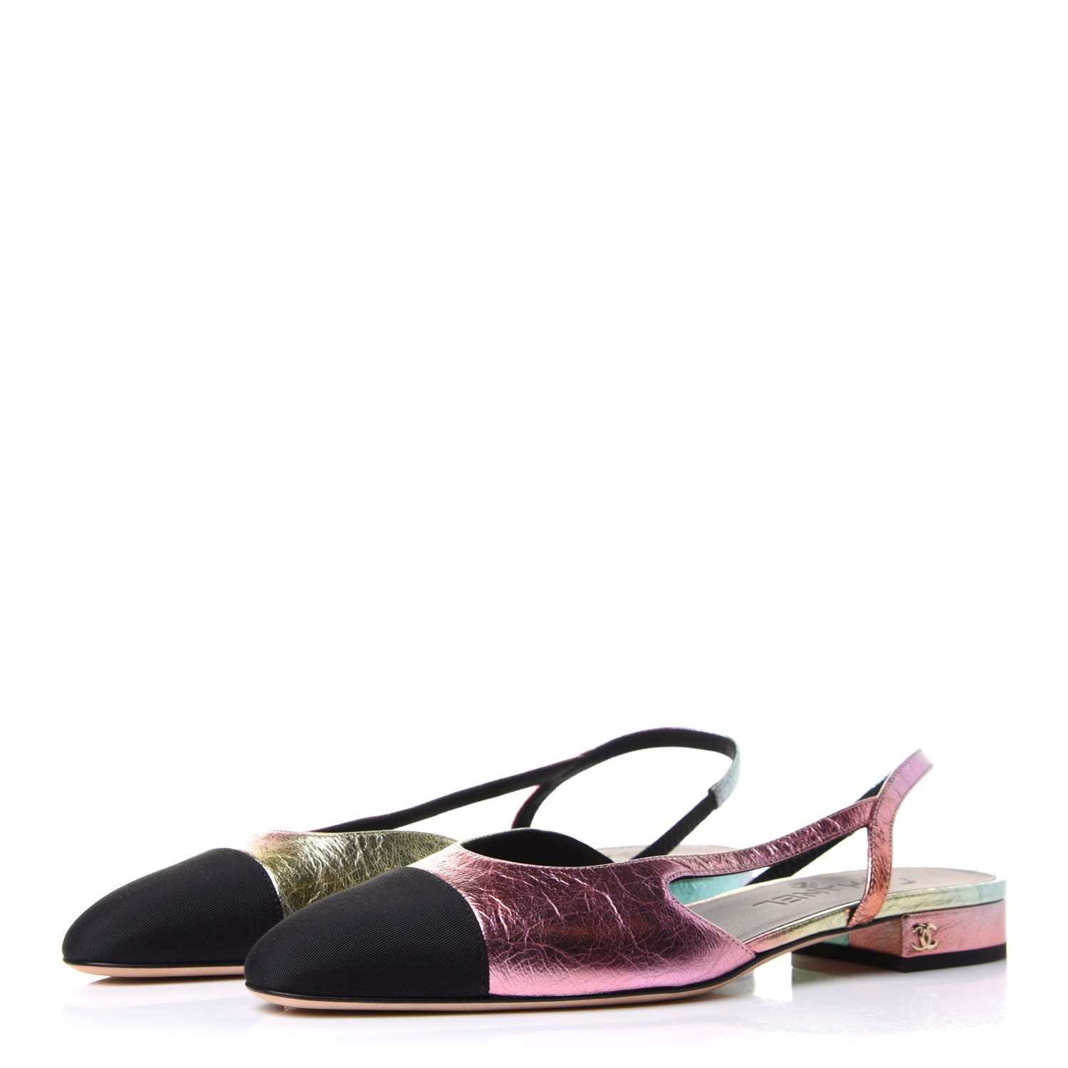 Chanel Laminated Calfskin Grosgrain Cap Toe CC Slingback Flats 39 Multicolor Black 3 of 9