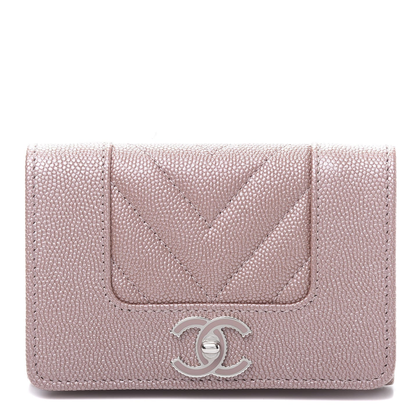 Metallic Caviar Chevron Quilted Vintage Mademoiselle Flap Card Holder Pink