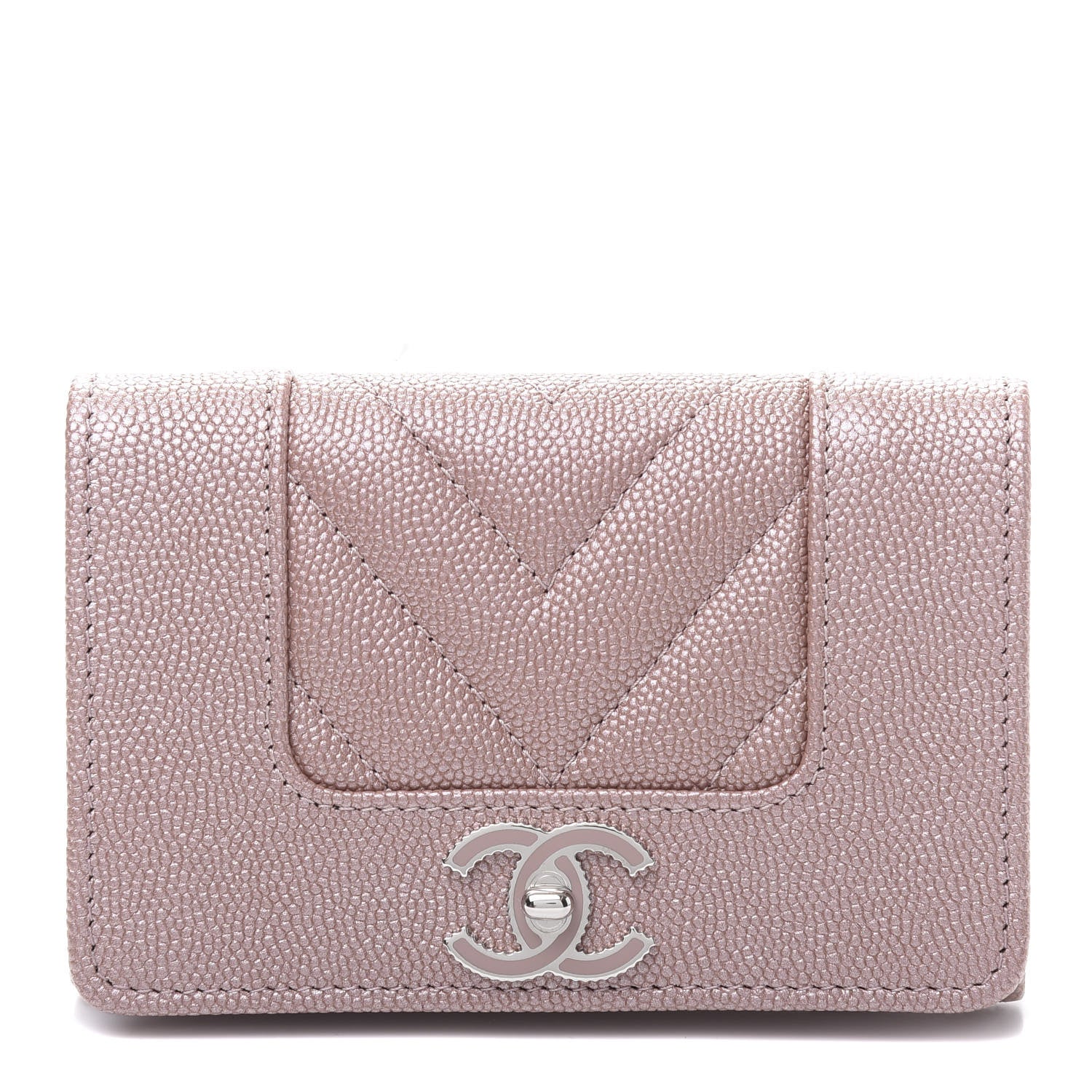 Chanel Metallic Caviar Chevron Quilted Vintage Mademoiselle Flap Card Holder Pink 1 of 9
