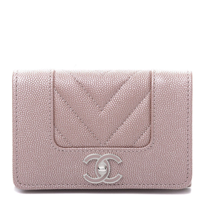 Chanel Metallic Caviar Chevron Quilted Vintage Mademoiselle Flap Card Holder Pink 1 of 9