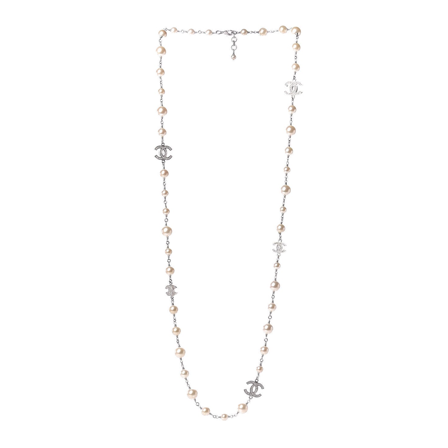 Crystal Pearl CC Long Necklace Silver