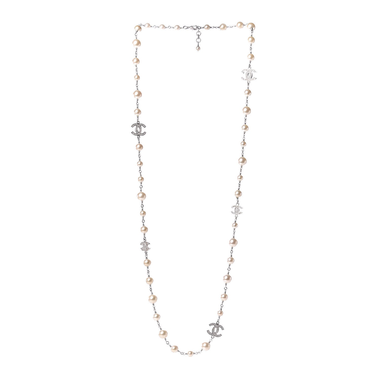 Chanel Crystal Pearl CC Long Necklace Silver 3 of 9