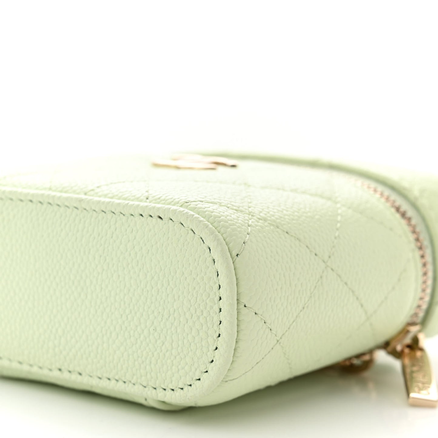 Caviar Quilted Small Handle With Care Vanity Case With Chain Light Green