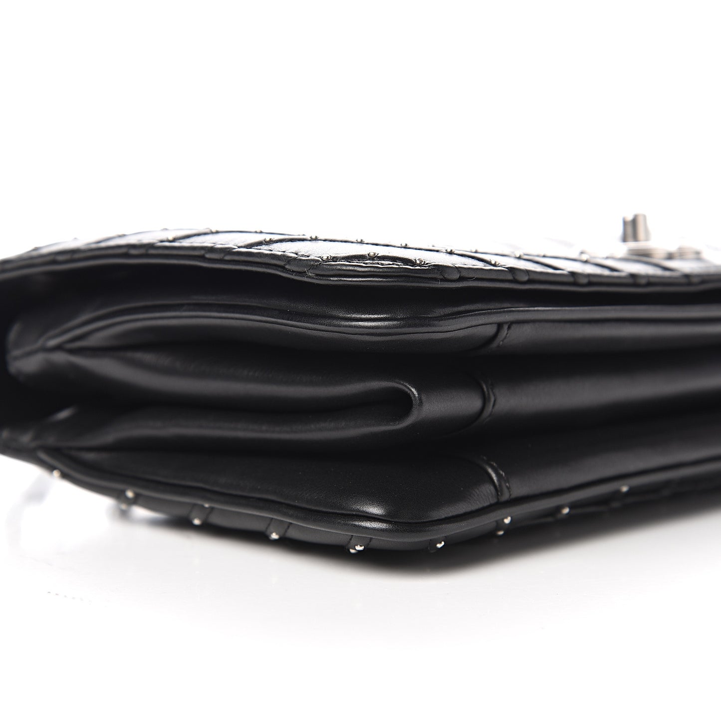 Calfskin Studded Chevron Quilted Flap Black