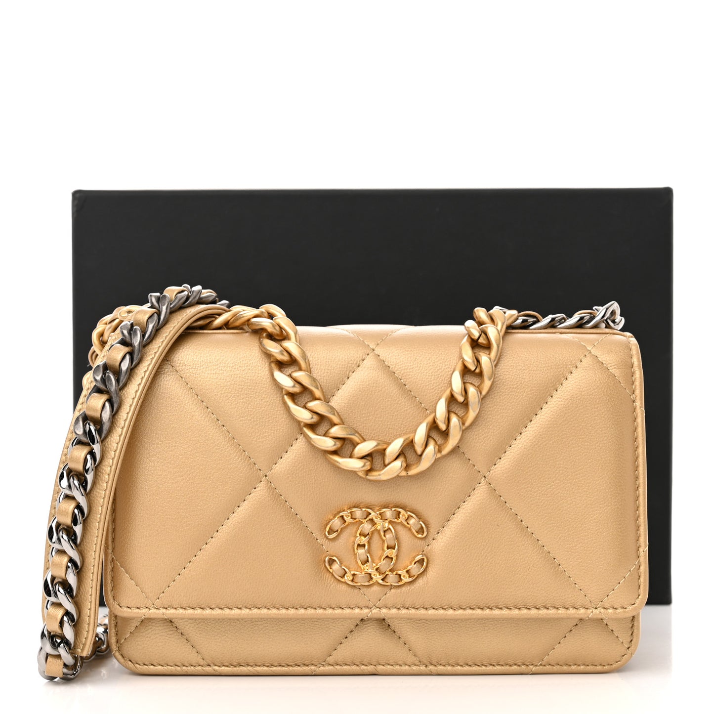 Metallic Goatskin Quilted Chanel 19 Wallet On Chain WOC Gold