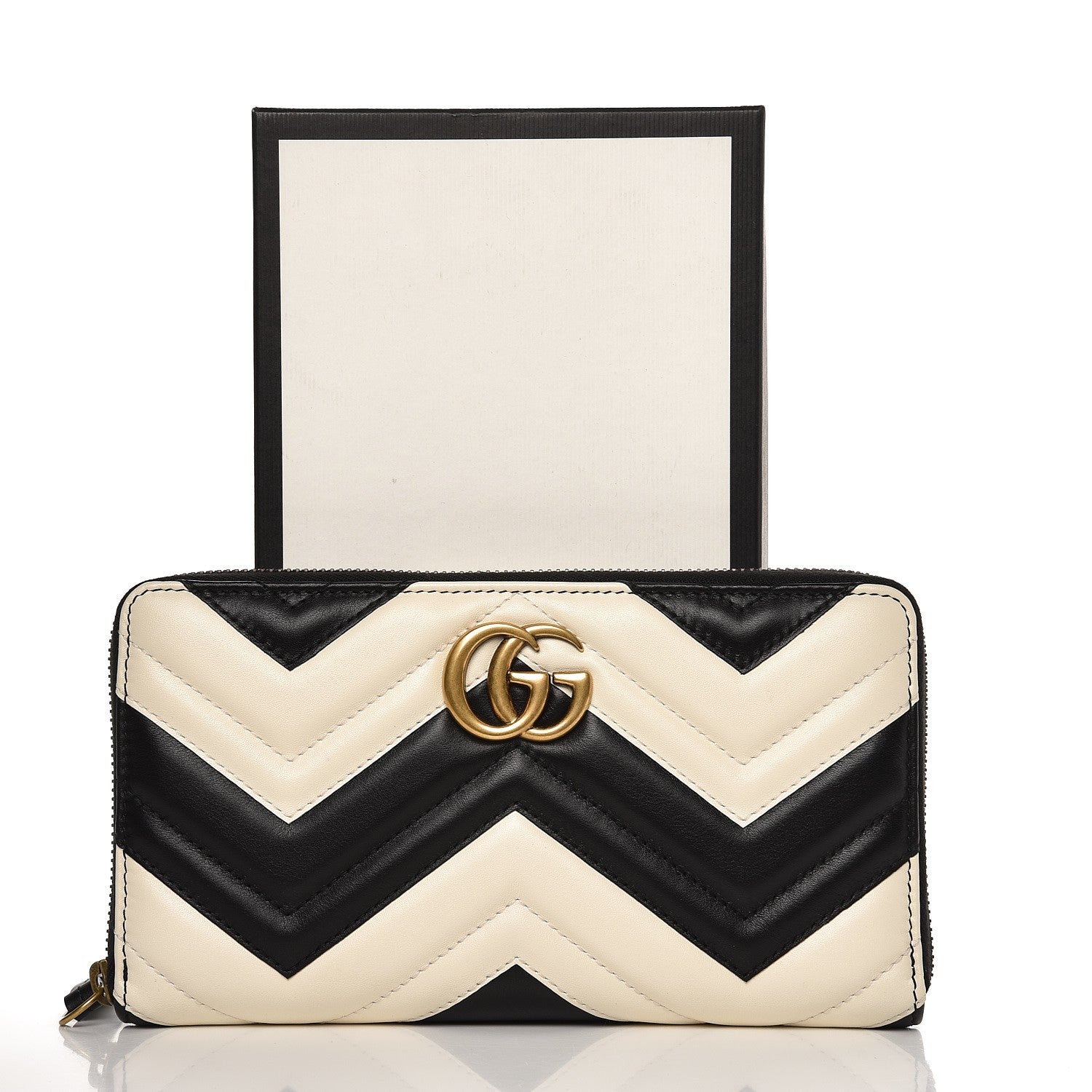 Gucci Calfskin Matelasse GG Marmont Zip Around Organizer Wallet Black White 8 of 8