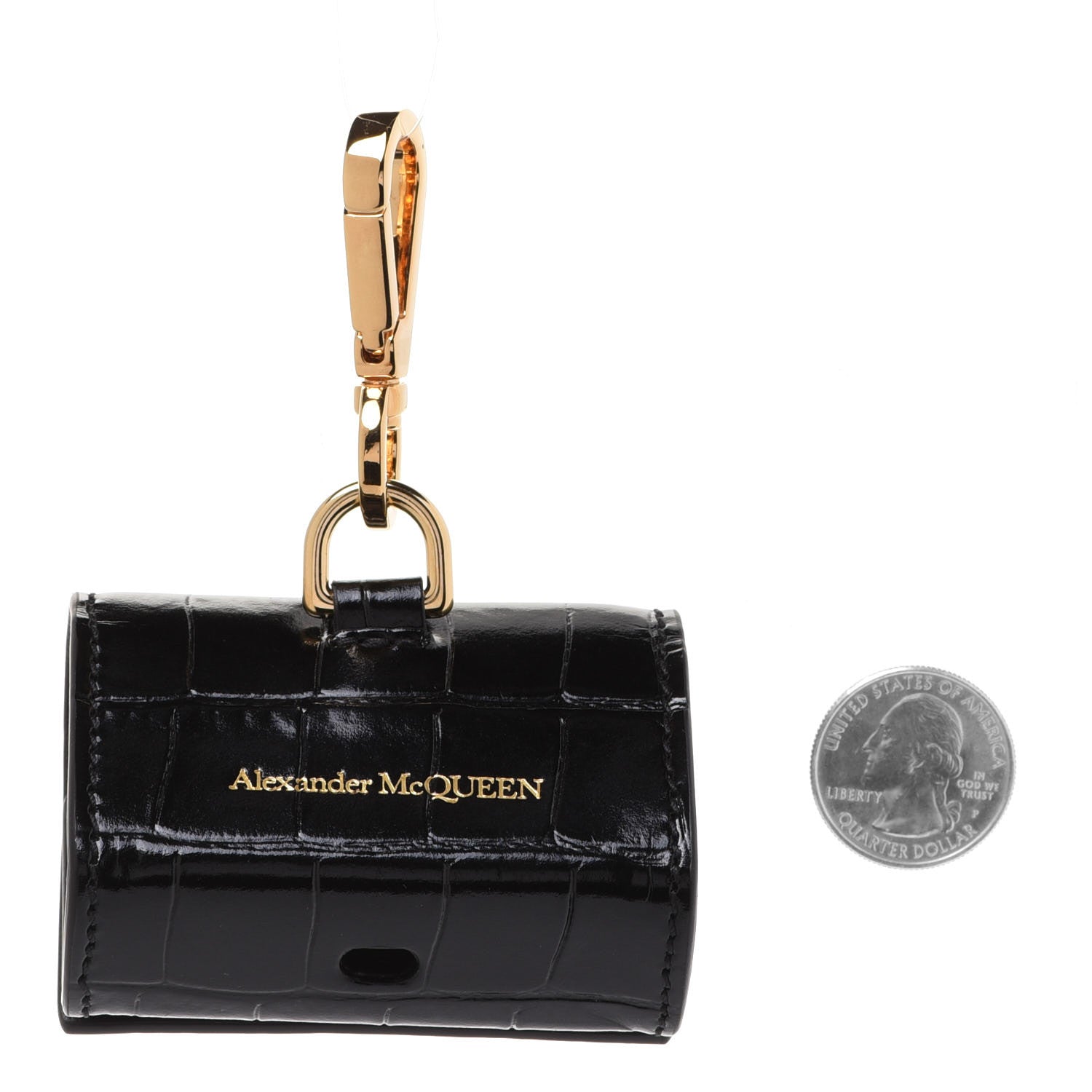Alexander McQueen Shiny Calfskin Crocodile Embossed Skull Air Pod Case Black 2 of 7