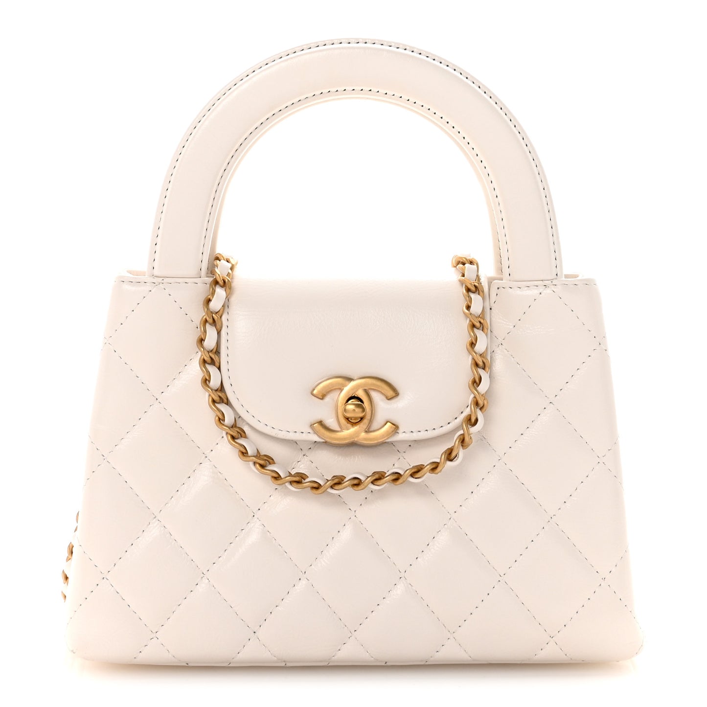 Shiny Aged Calfskin Quilted Nano Kelly Shopper White