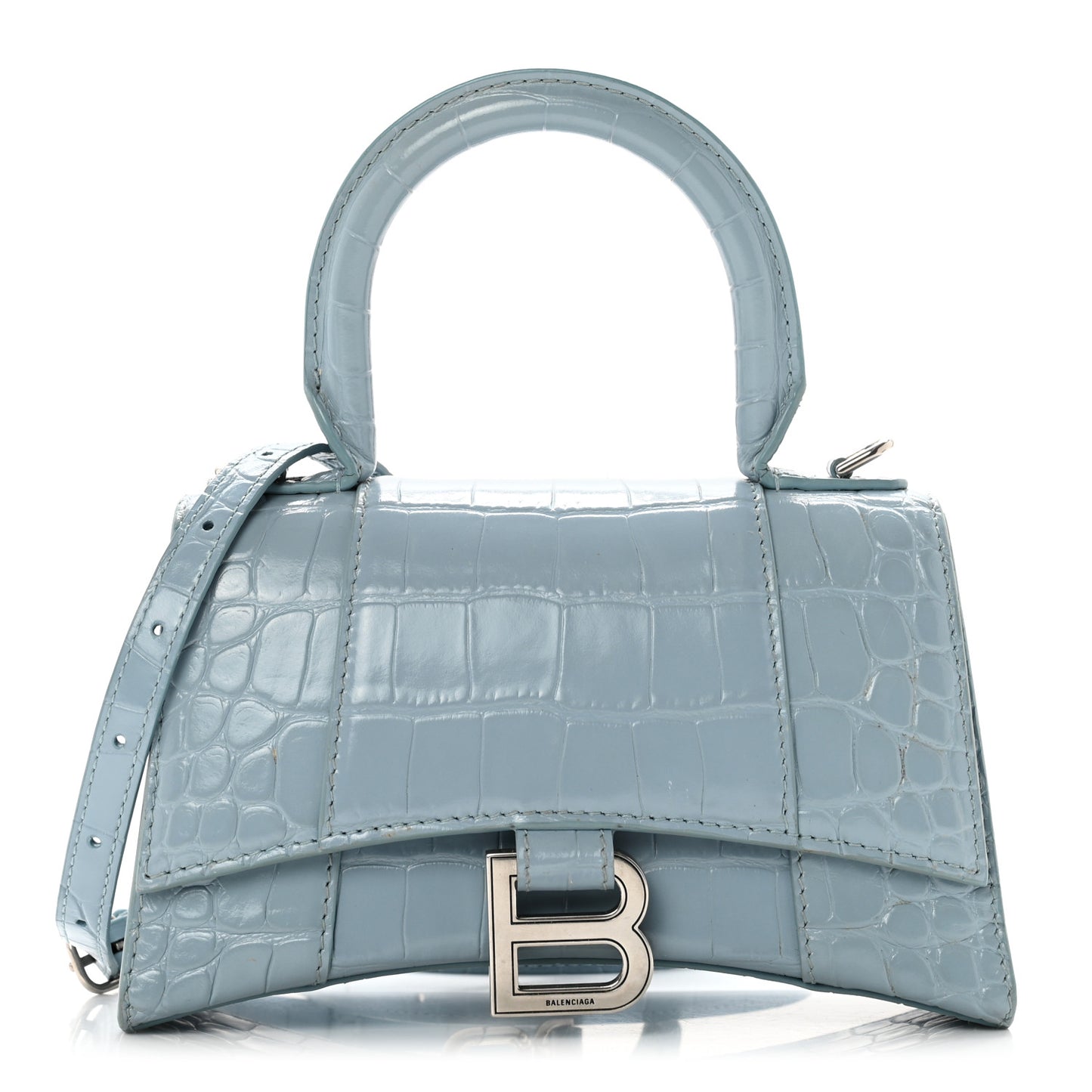 Shiny Calfskin Crocodile Embossed Hourglass Top Handle Bag XS Blue Grey