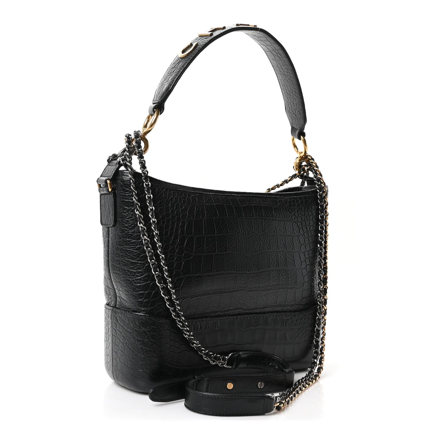 Crocodile Embossed Calfskin Medium Gabrielle Cocodile Hobo Black
