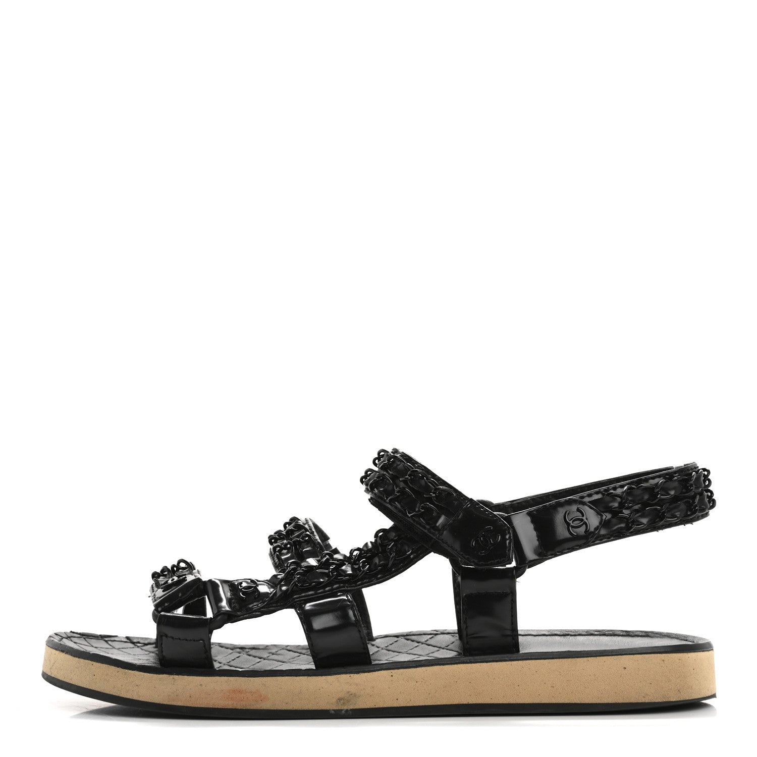 Chanel Laminated Goatskin Chain Sandals 38.5 Black 1 of 12