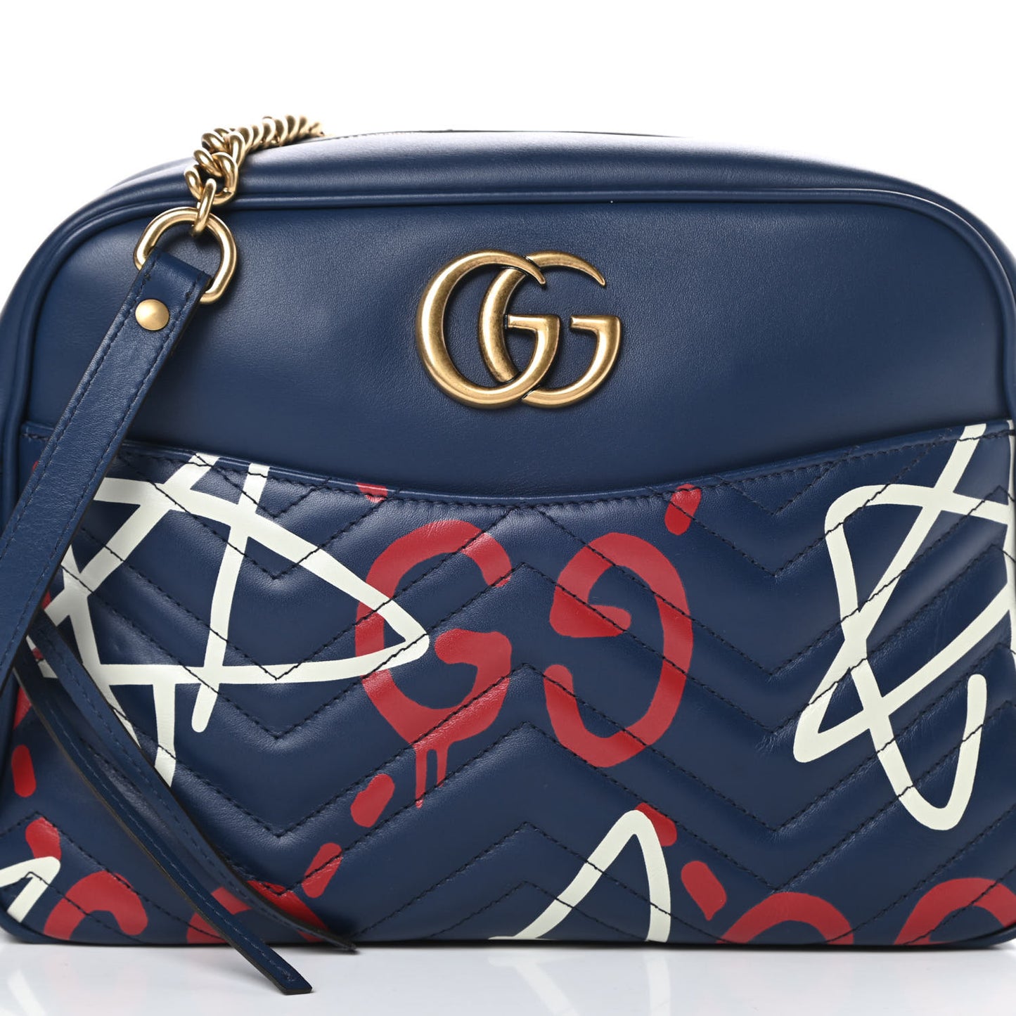 Calfskin Matelasse GucciGhost Medium GG Marmont Chain Shoulder Bag Blue Agata Hibiscus Red