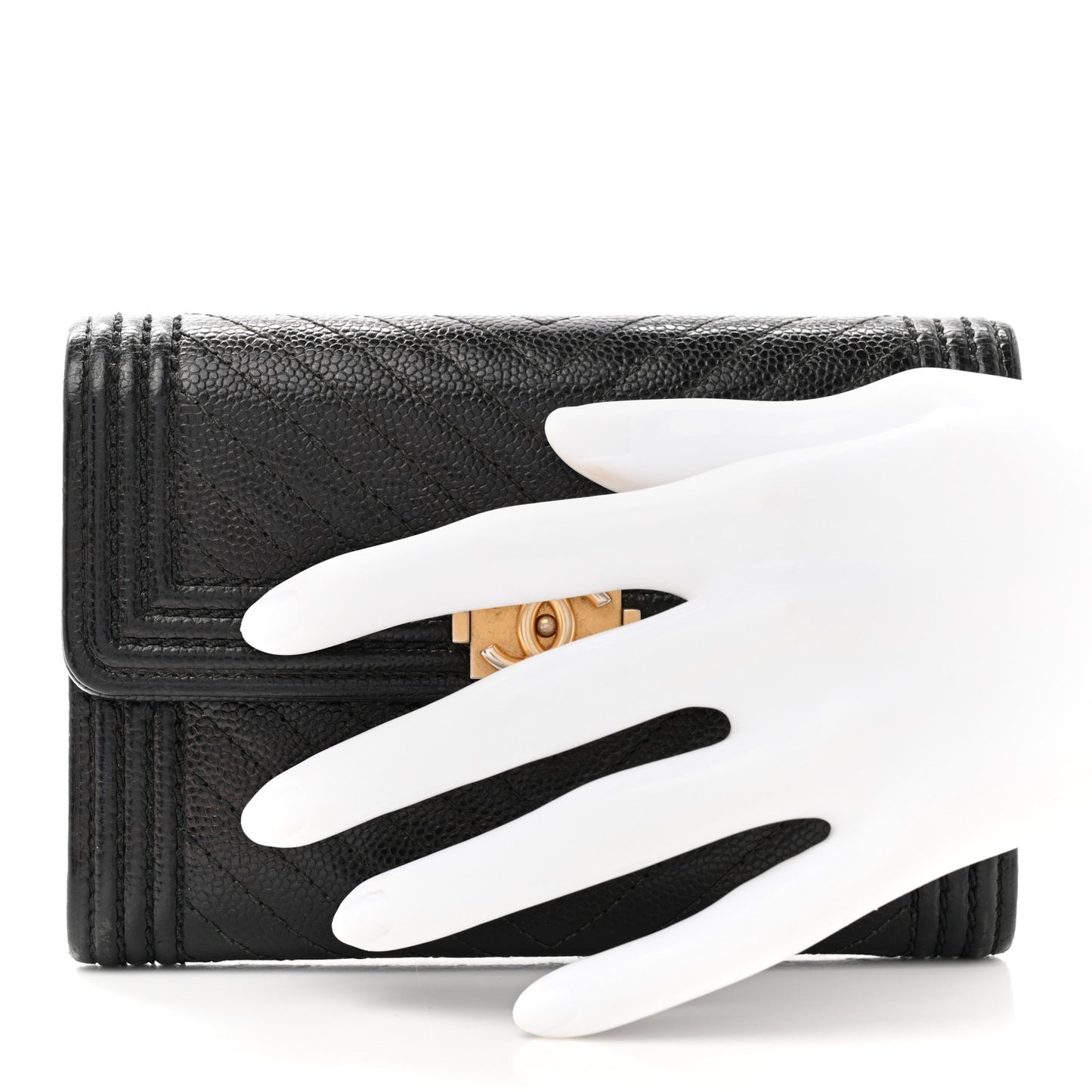Caviar Chevron Quilted Medium Boy Flap Wallet Black