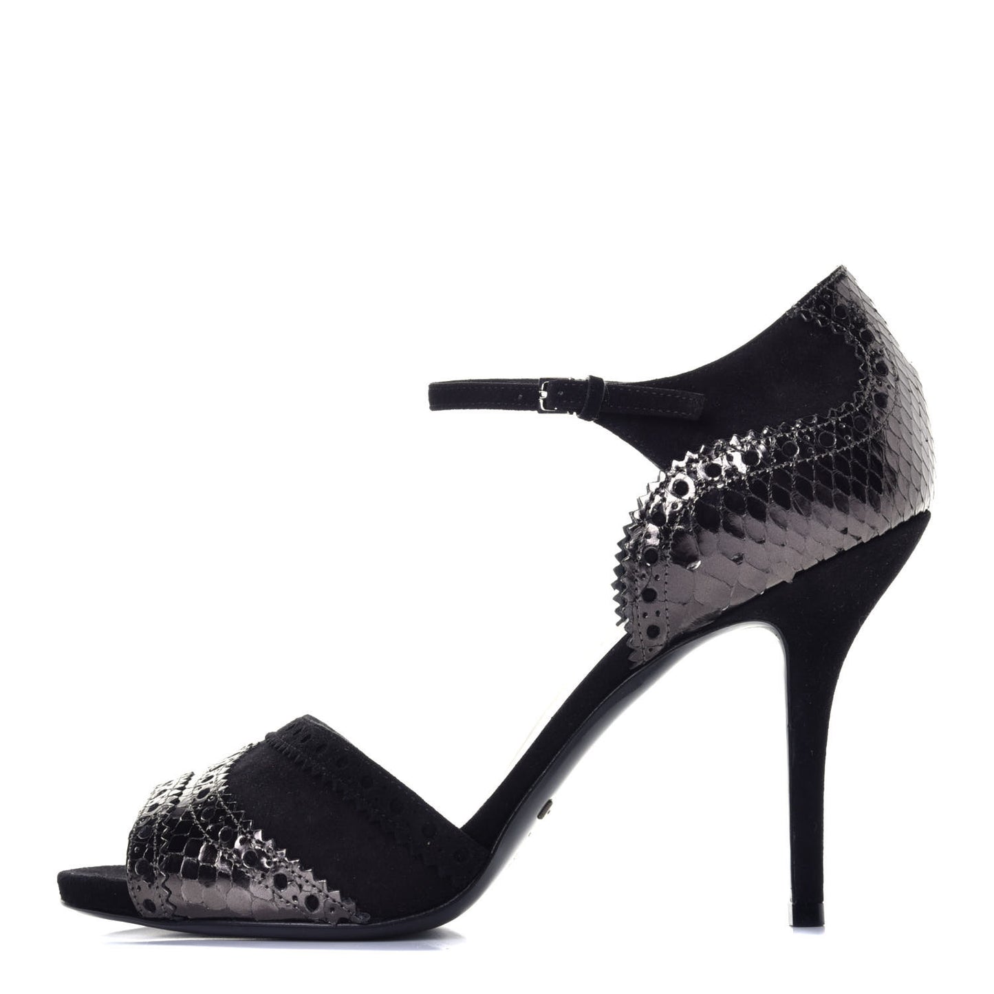 Laminated Snakeskin Kid Scamosciato Ankle Strap Peep Toe Pumps 38.5 Anthracite Black