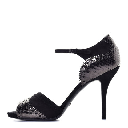 Gucci Laminated Snakeskin Kid Scamosciato Ankle Strap Peep Toe Pumps 38.5 Anthracite Black 1 of 8
