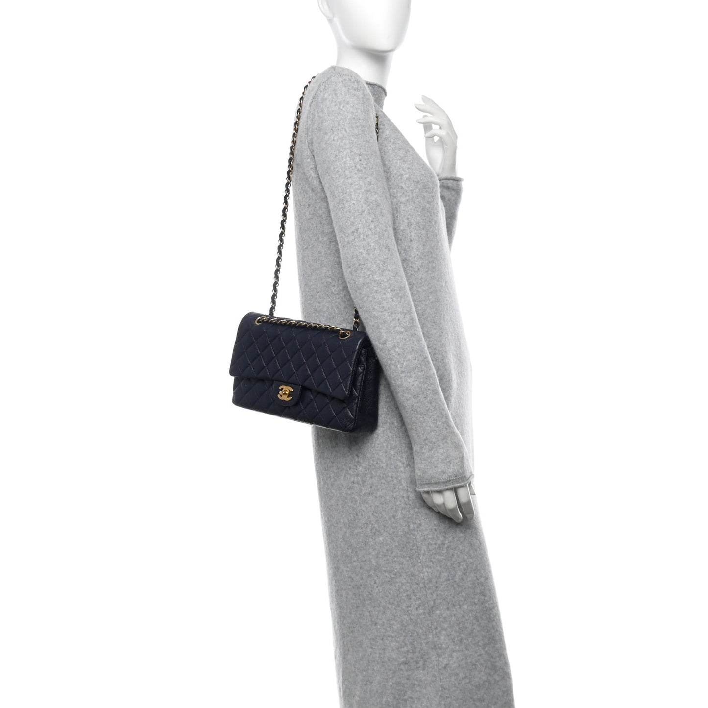 Caviar Quilted Medium Double Flap Navy