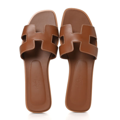 Hermes Box Calfskin Oran Sandals 37.5 Gold 2 of 10