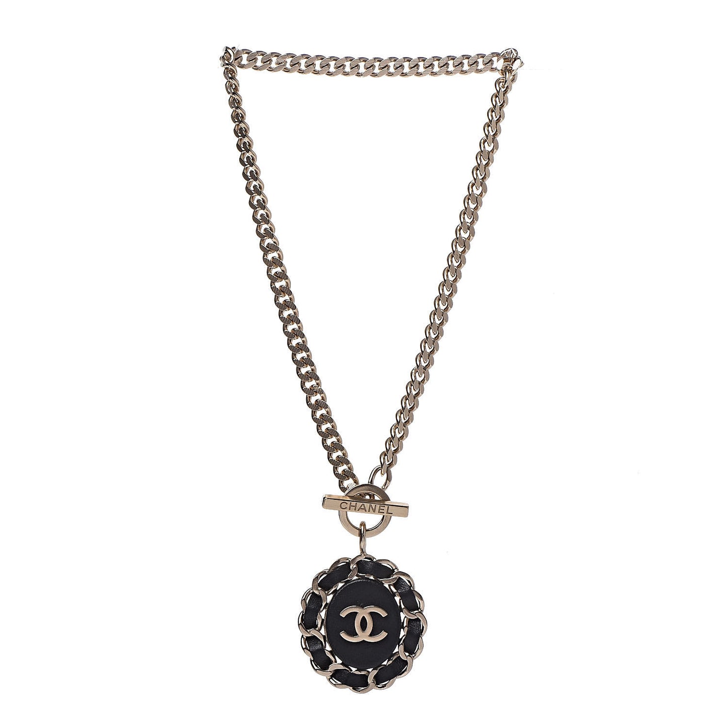 Lambskin CC Chain Pendant Necklace Gold Black