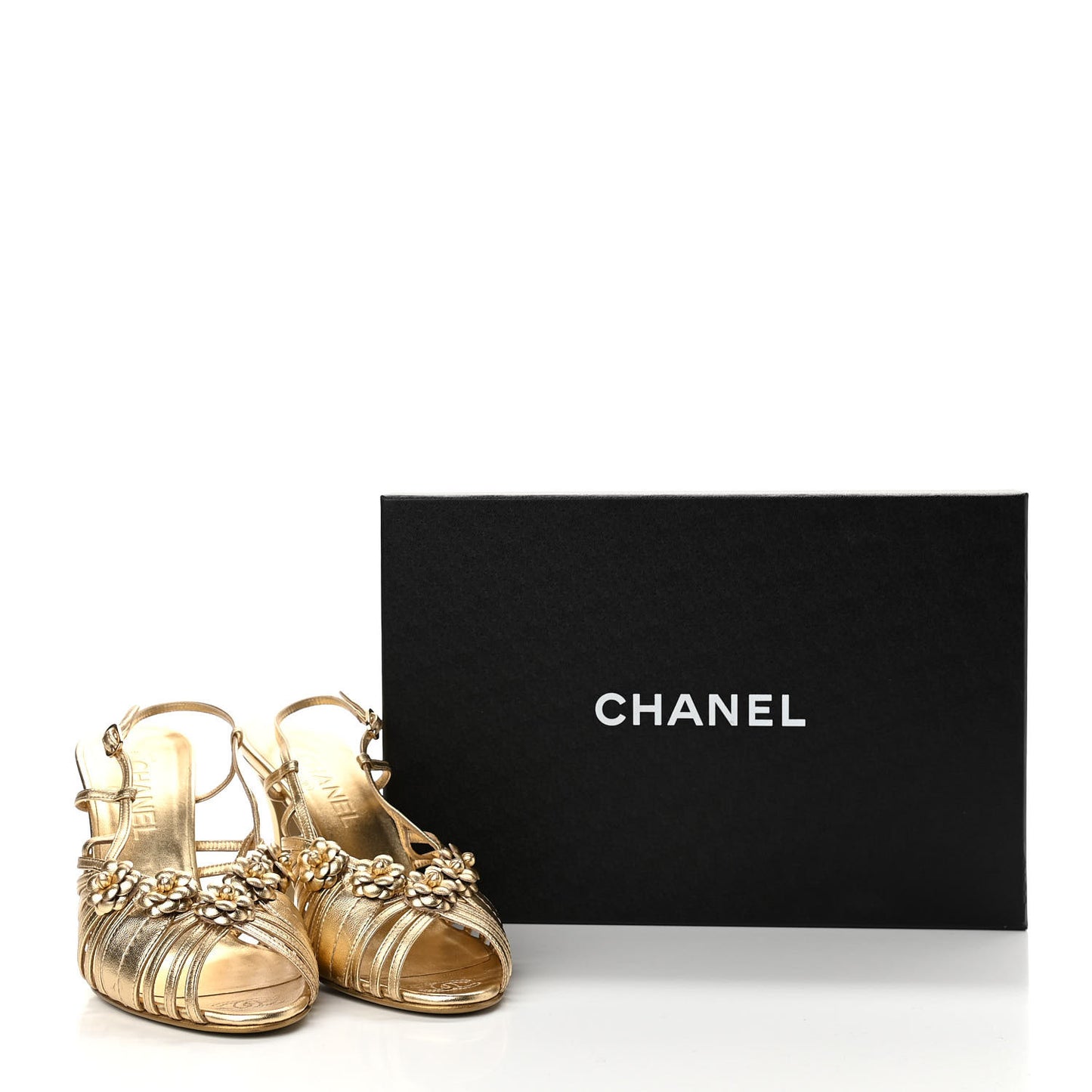 Laminated Lambskin Camellia Sandals 39 Gold