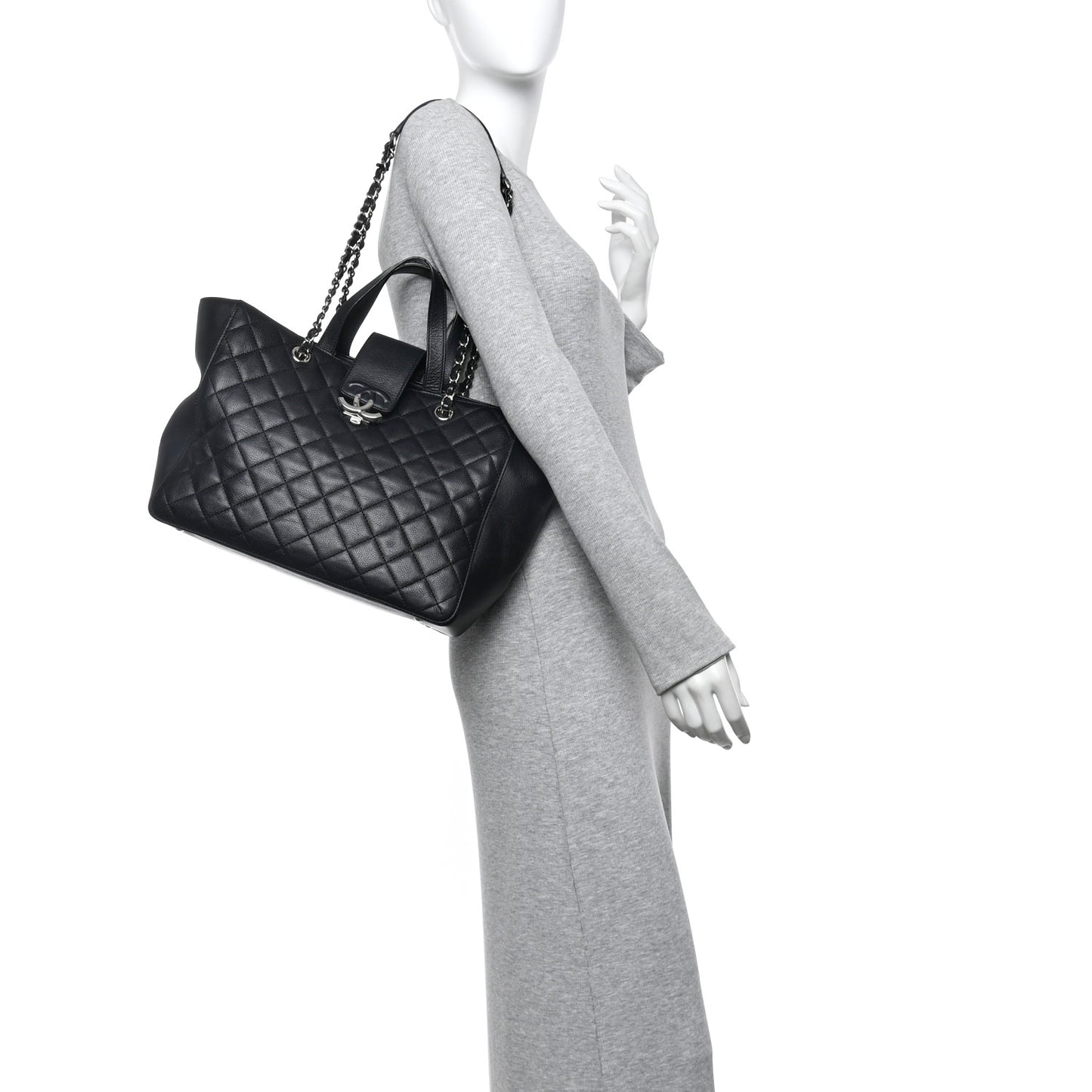 Caviar Quilted Large CC Box Shopping Tote Black