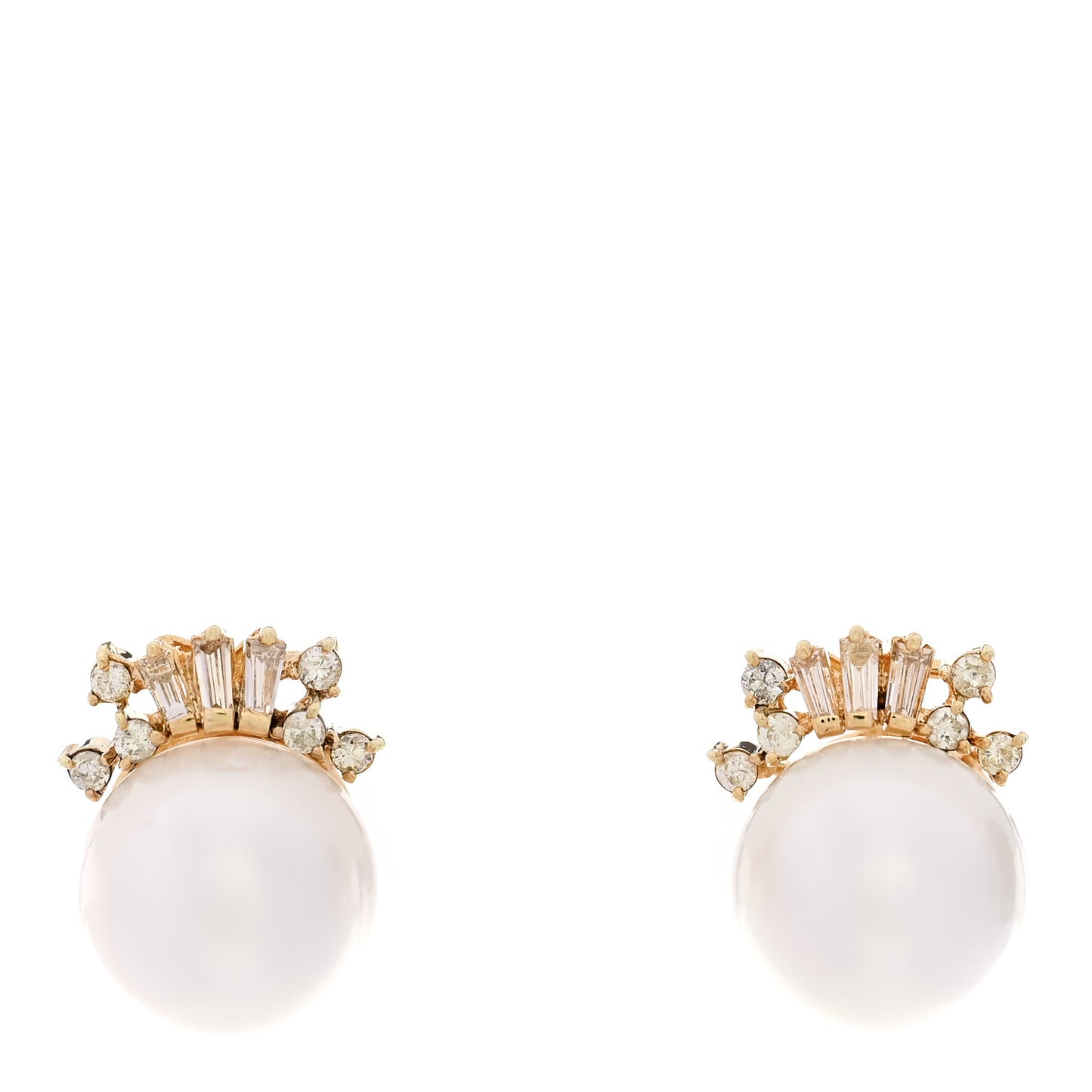 14K Yellow Gold Diamond Cultured Pearl 10.5-11mm Earrings