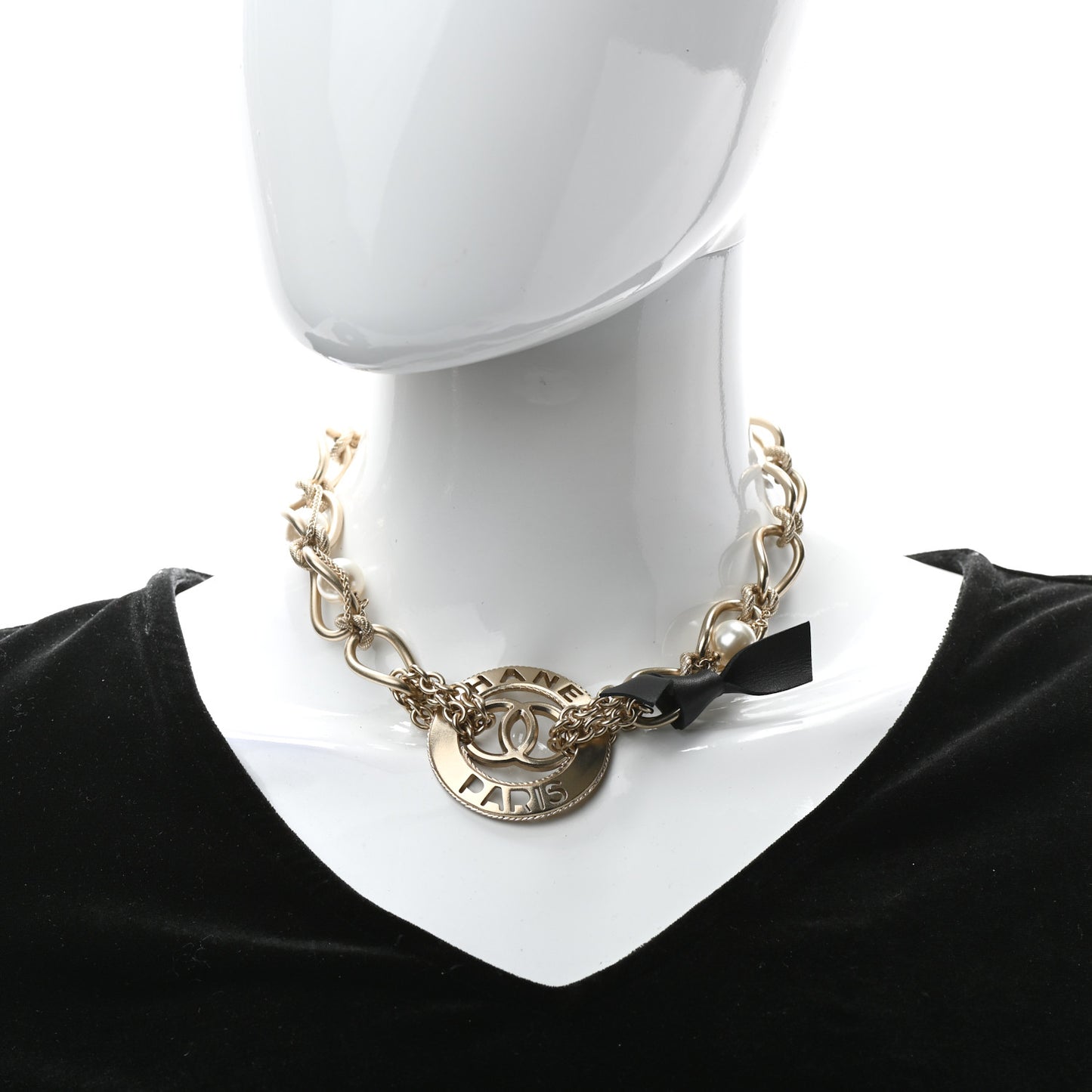 Metal Pearl Chain CC Paris Pendant Necklace Gold