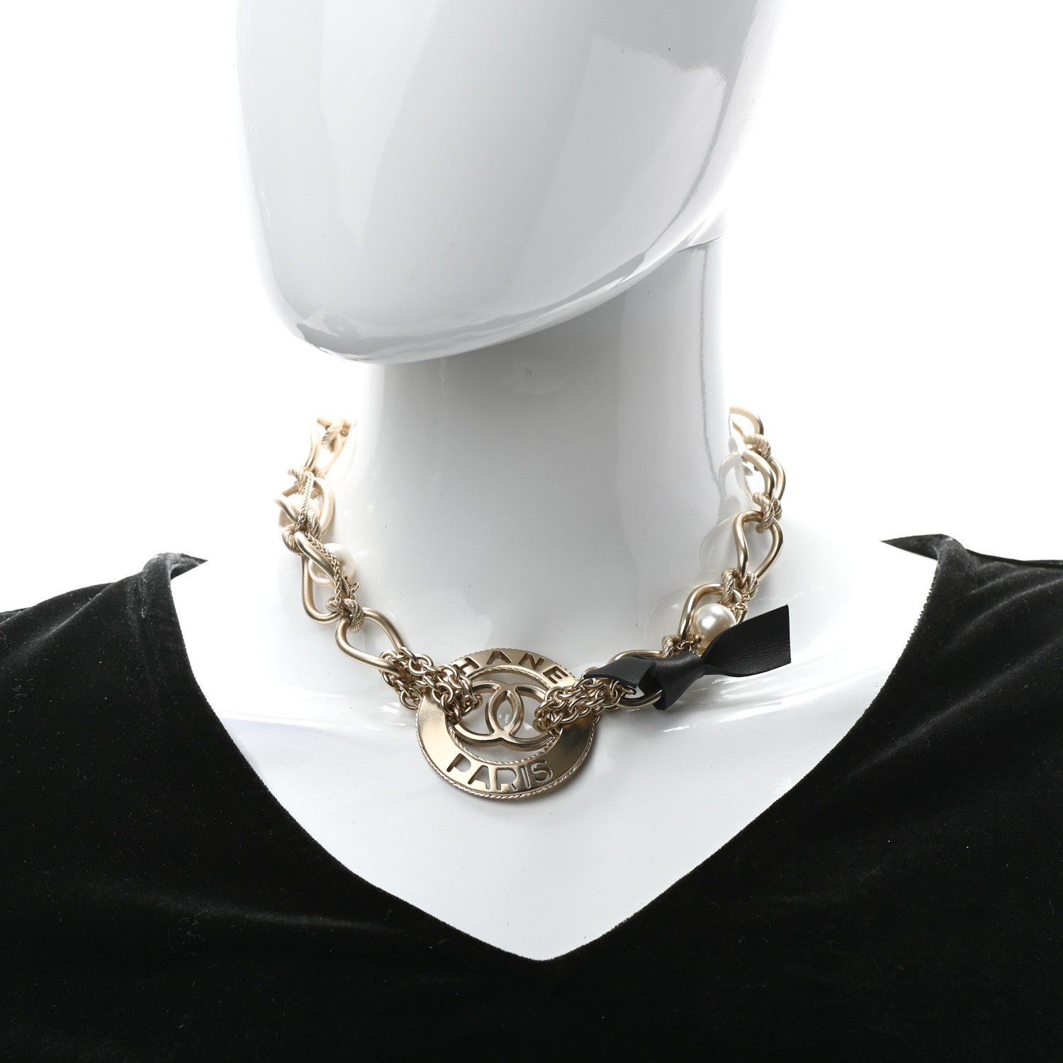 Chanel Metal Pearl Chain CC Paris Pendant Necklace Gold 2 of 5
