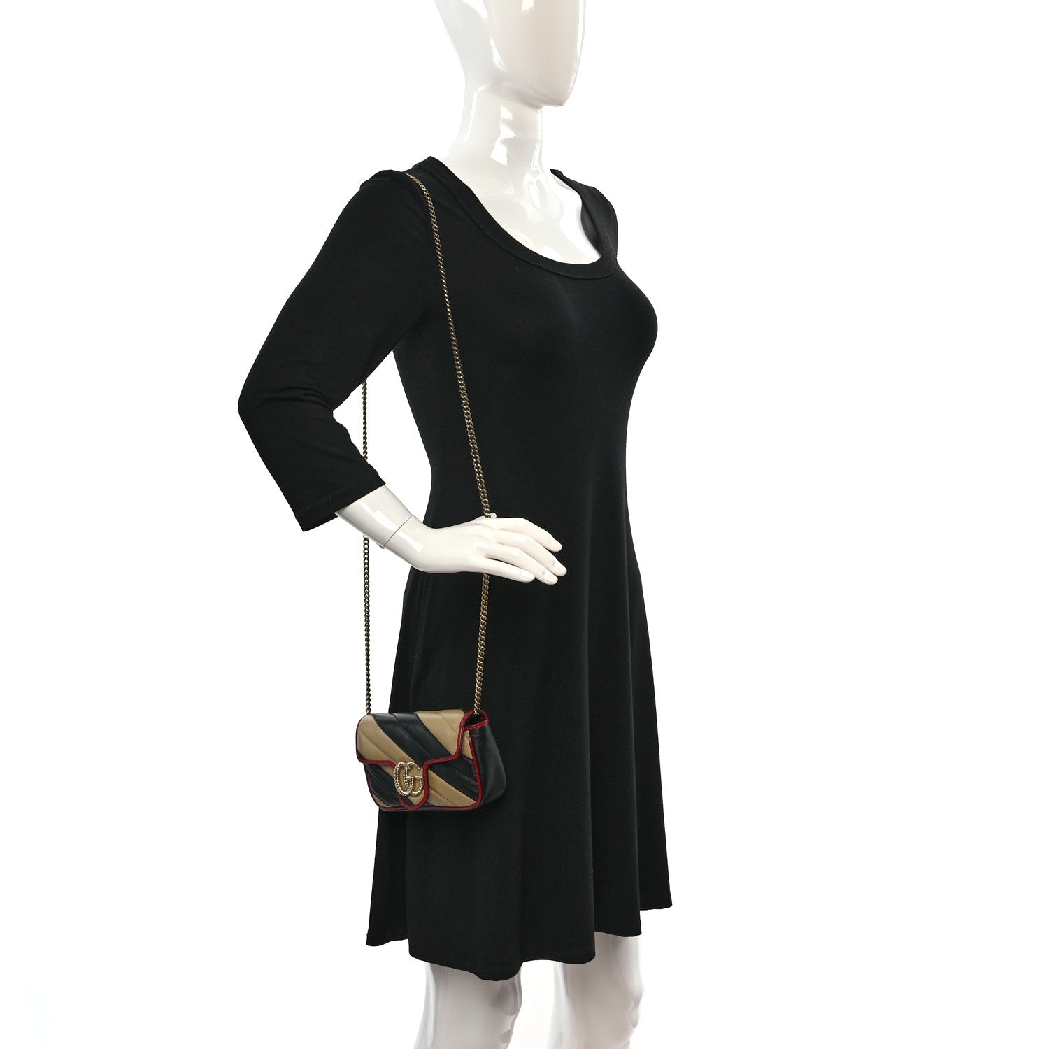 Gucci Vintage Effect Calfskin Matelasse Diagonal Striped Super Mini Torchon GG Marmont Shoulder Bag Black Beige 2 of 10