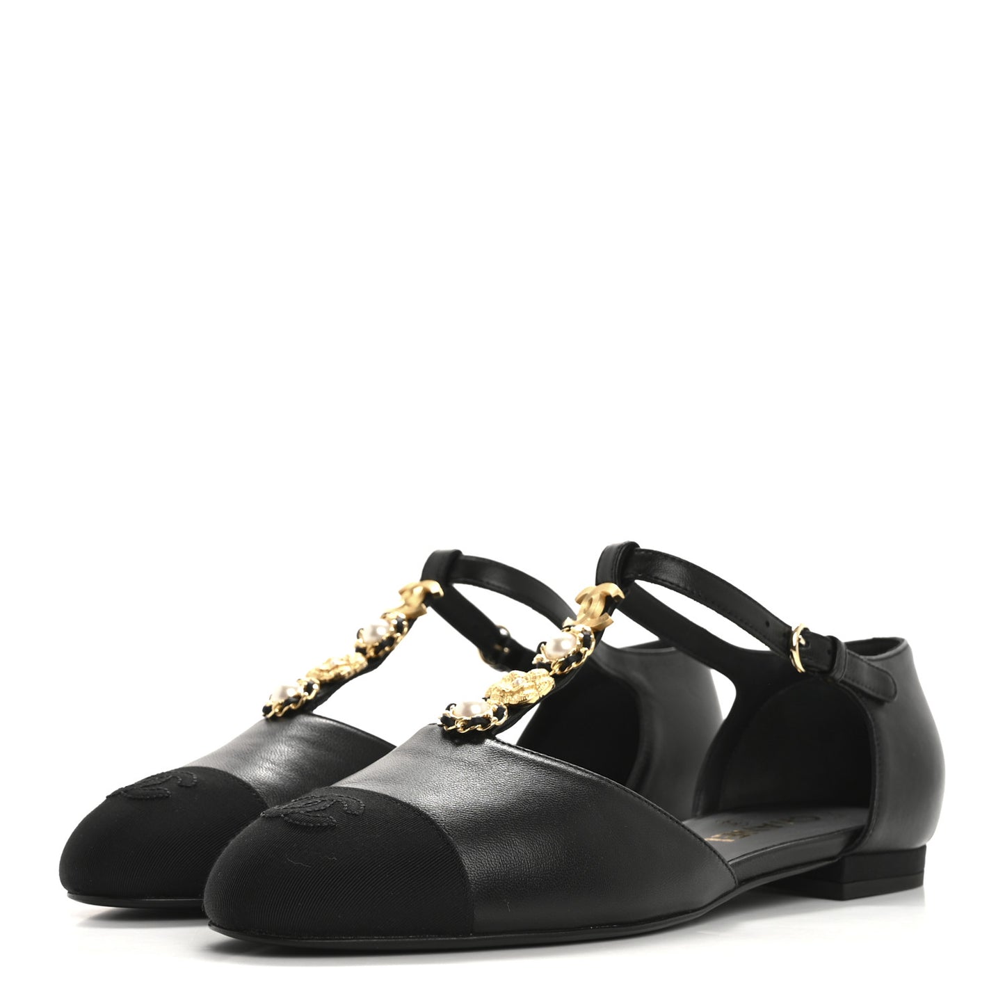 Lambskin Grosgrain Cap Toe Pearl CC Mary Jane Flats 39 Black