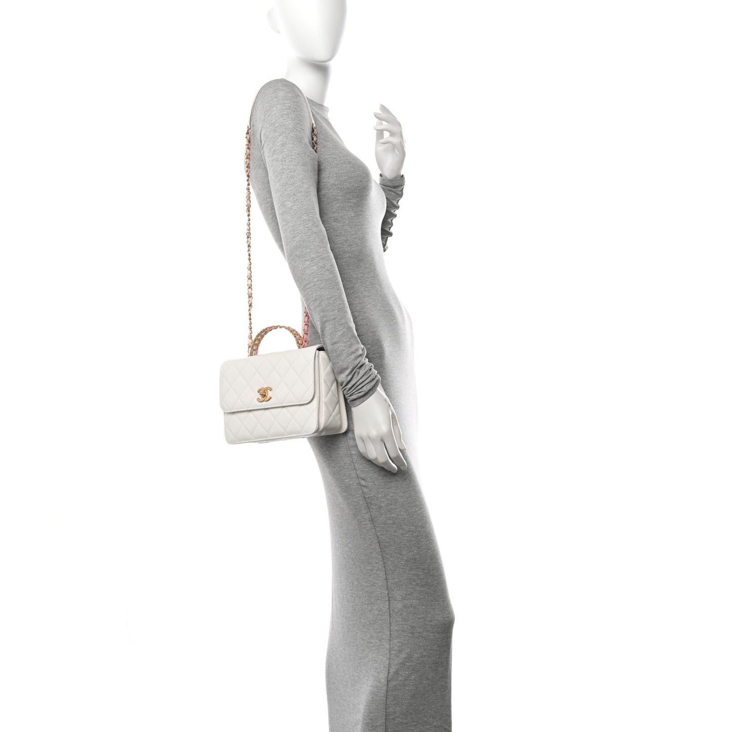 Shiny Calfskin Quilted Small Chain Top Handle Flap White