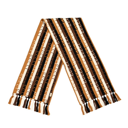 Gucci Wool Cotton Logo Wood Stripes Scarf Light Brown Dark Brown 2 of 4
