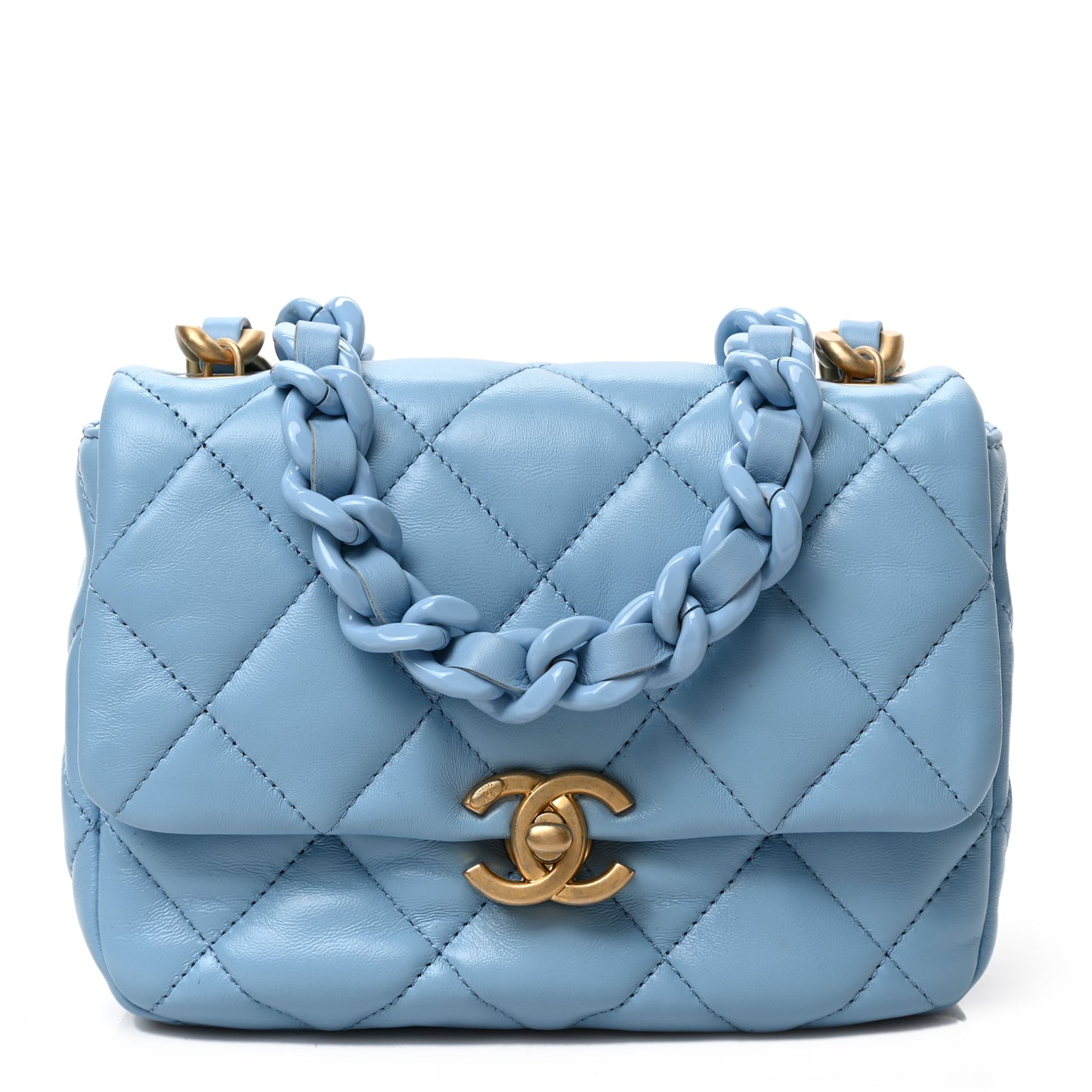 Lambskin Quilted Mini Lacquered Chain Flap Light Blue