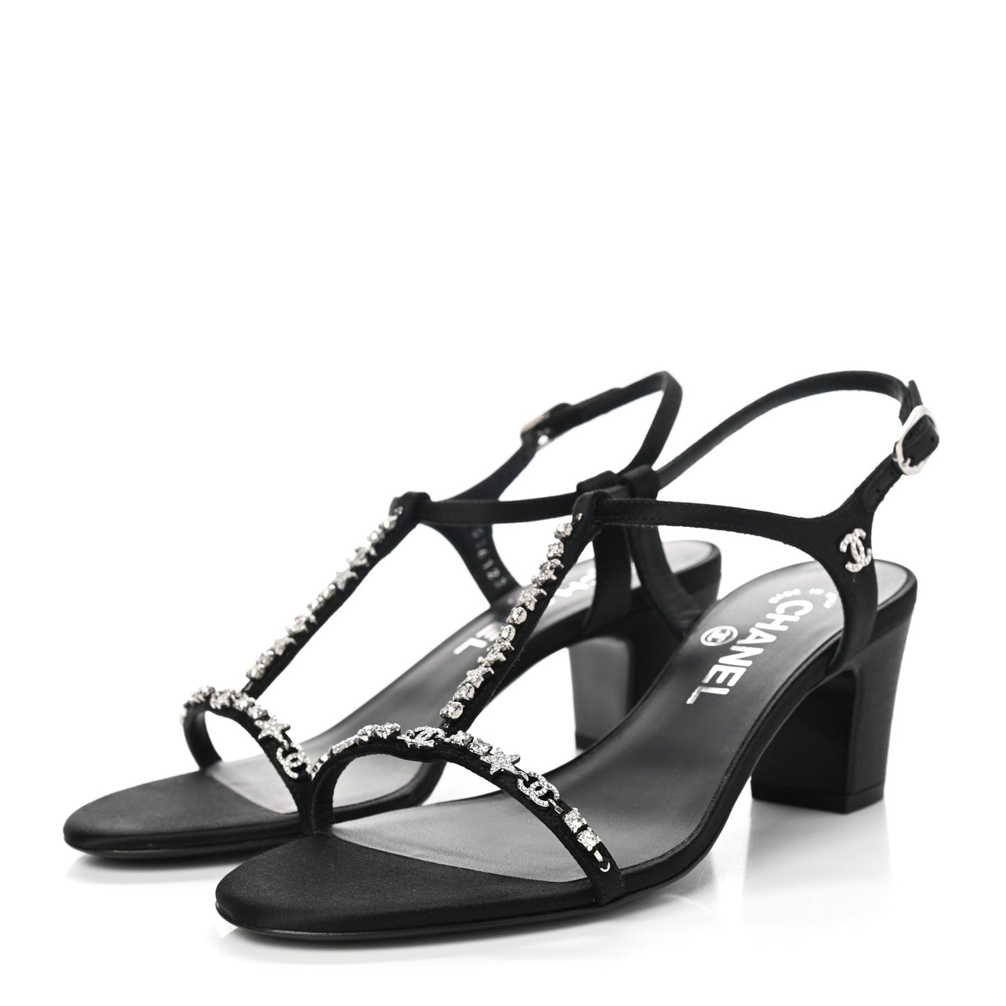 Satin Crystal CC Star Sandals 36 Black