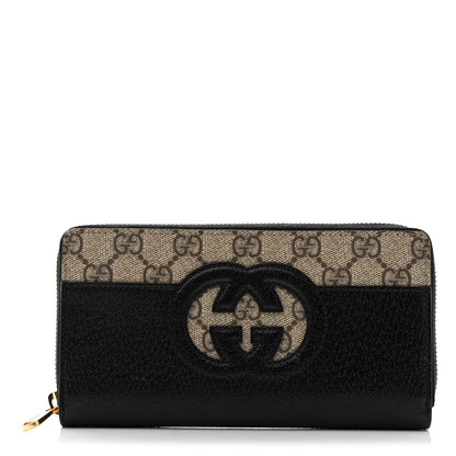 Gucci GG Supreme Monogram Textured Dollar Calfskin New Basket Zip Around Wallet Beige Ebony Black 1 of 8