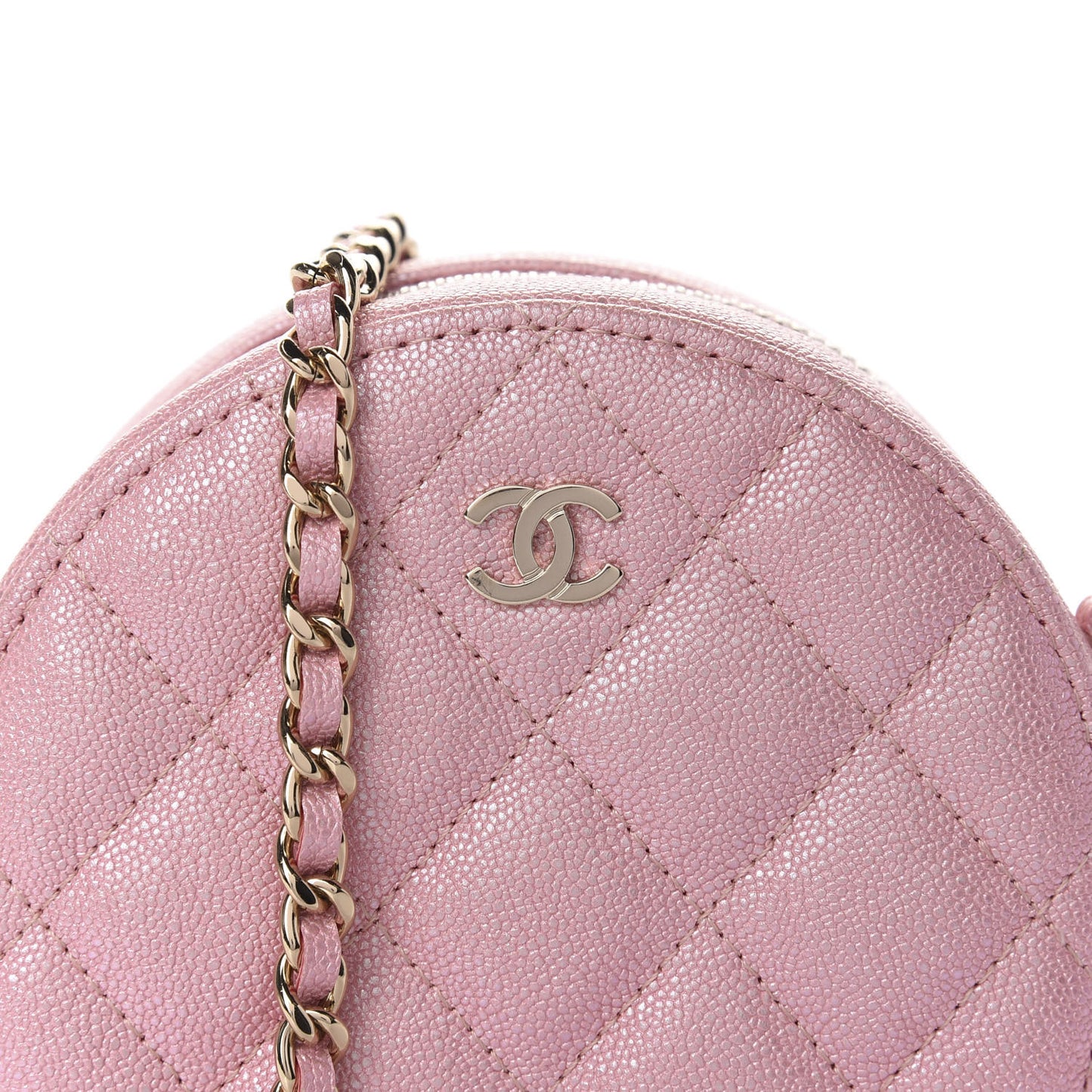 Iridescent Caviar Quilted Round Clutch With Chain Pink