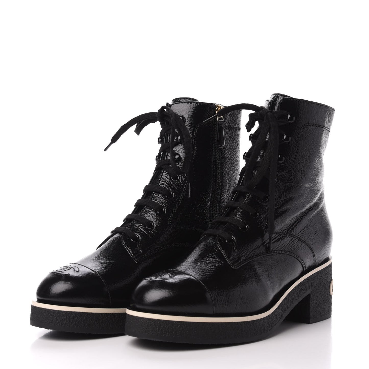 Shiny Crumpled Lambskin Cap Toe CC Lace Up Boots 40.5 Black