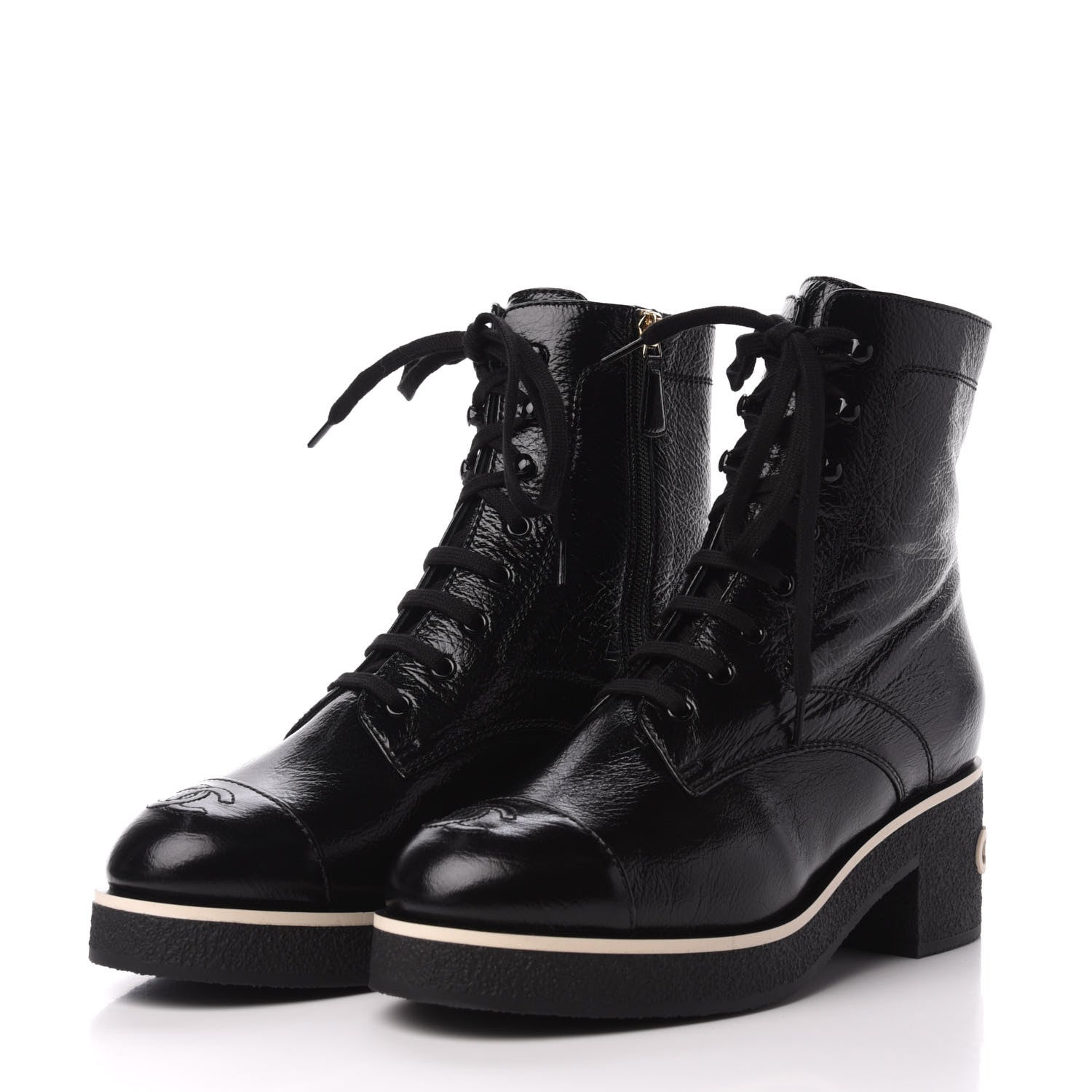 Chanel Shiny Crumpled Lambskin Cap Toe CC Lace Up Boots 40.5 Black 3 of 8