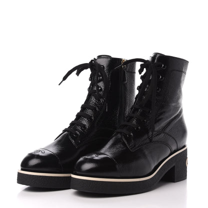 Chanel Shiny Crumpled Lambskin Cap Toe CC Lace Up Boots 40.5 Black 3 of 8