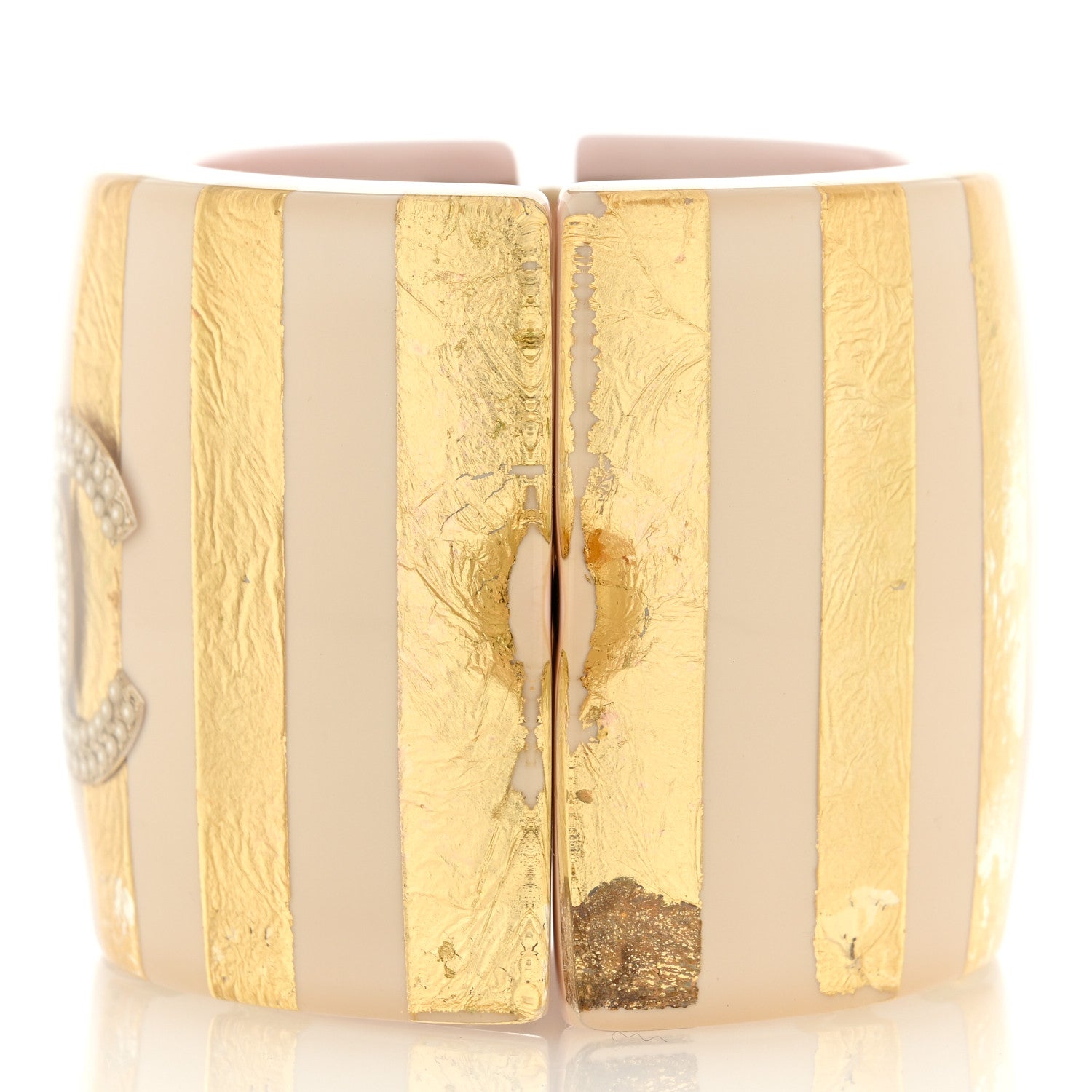 Chanel Resin Pearl CC Striped Cuff Light Gold Beige 4 of 4