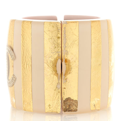 Chanel Resin Pearl CC Striped Cuff Light Gold Beige 4 of 4