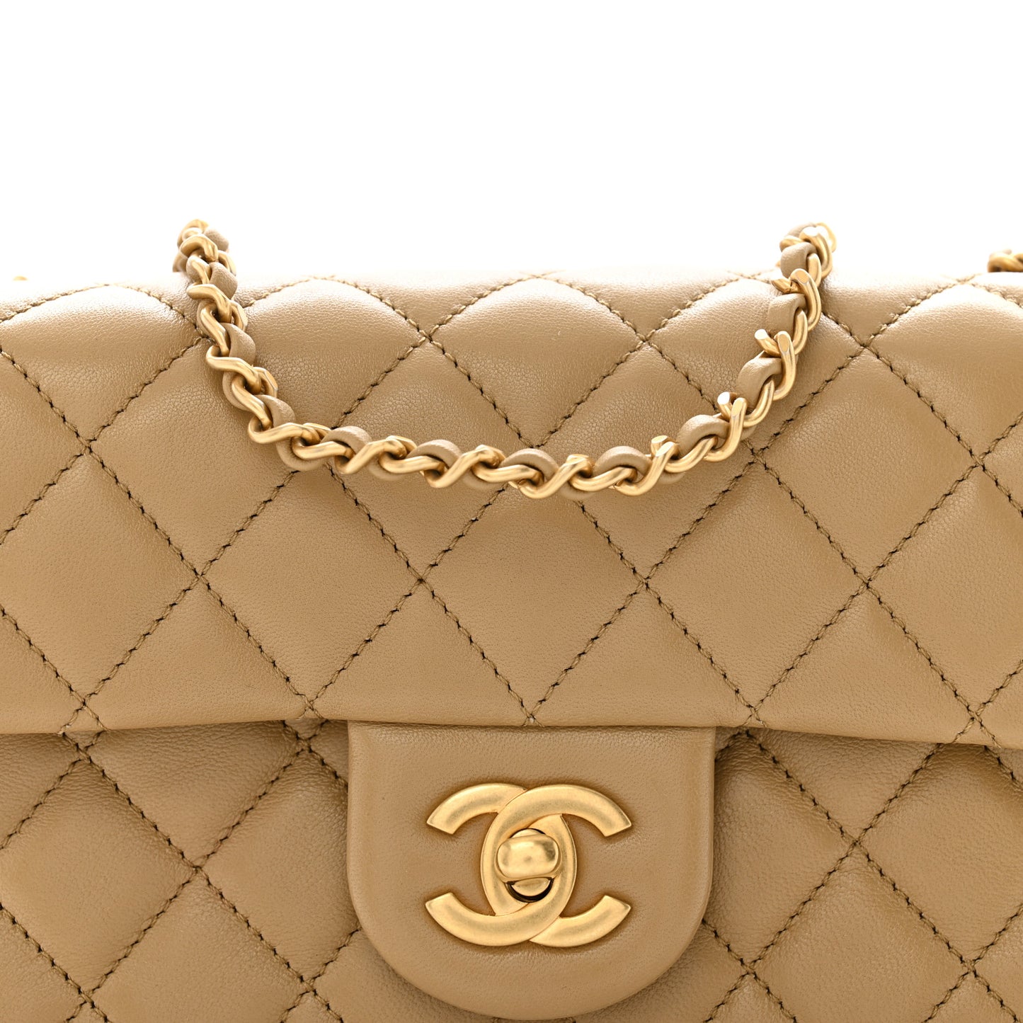Lambskin Quilted Mini Rectangular Pearl Crush Flap Dark Beige