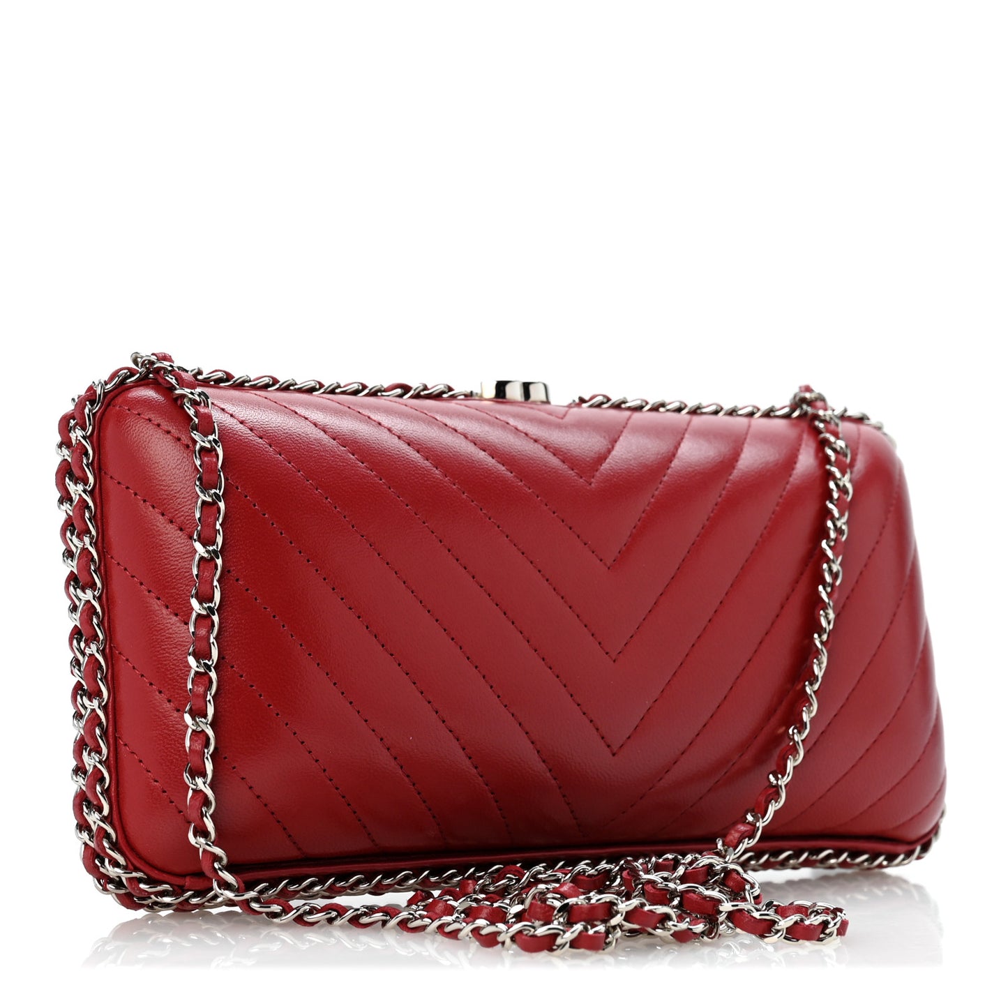 Lambskin Chevron Quilted Chain Around Clutch Dark Red