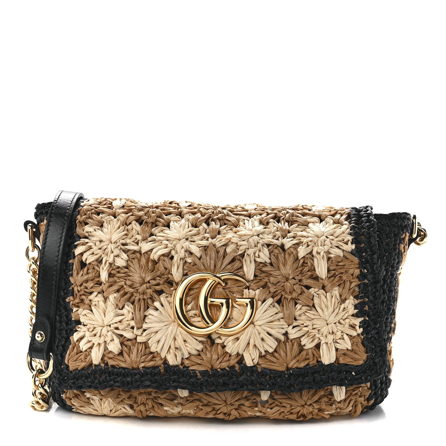 Raffia Azalea Calfskin Crochet Flower Small GG Marmont Shoulder Bag Natural Ecru Black