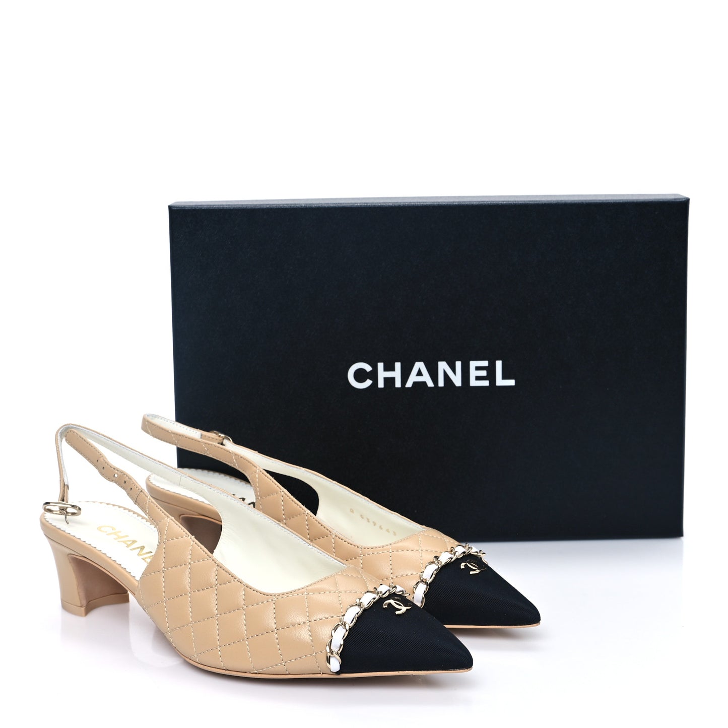 Lambskin Grosgrain Quilted Cap Toe CC Chain Slingback Pumps 38.5 Beige White Black