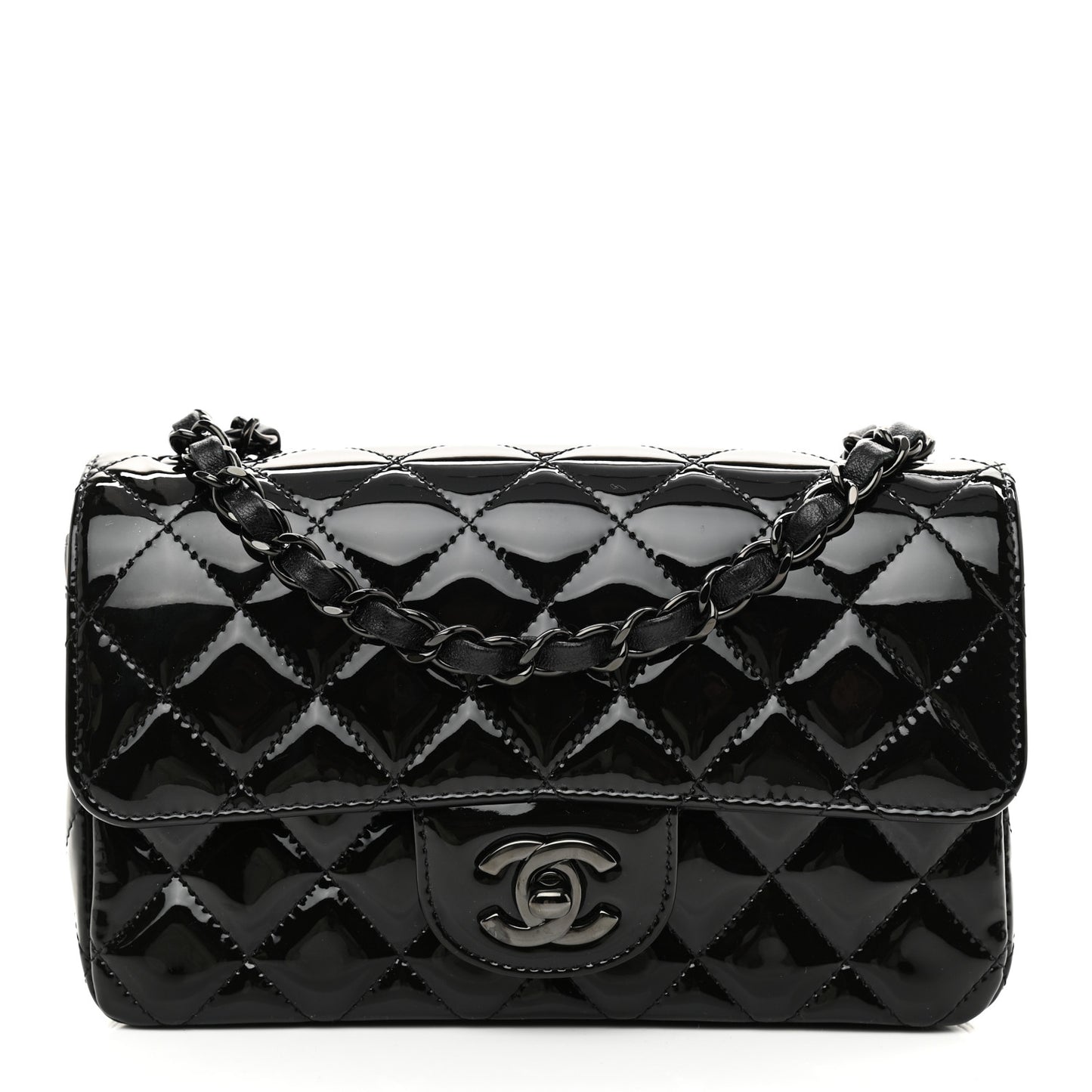 Patent Calfskin Quilted Mini Rectangular Flap So Black