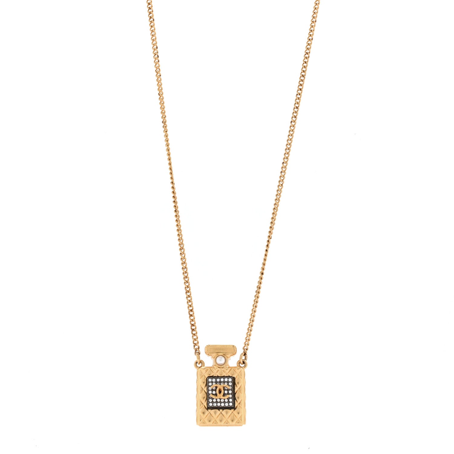 Chanel Crystal Pearl Perfume Bottle CC Necklace Black Gold 1 of 6